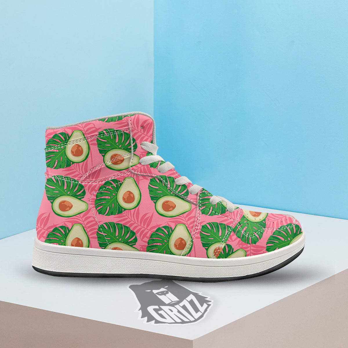 Plam Leaf And Avocado Pink Print Pattern High Top Sneakers-grizzshop