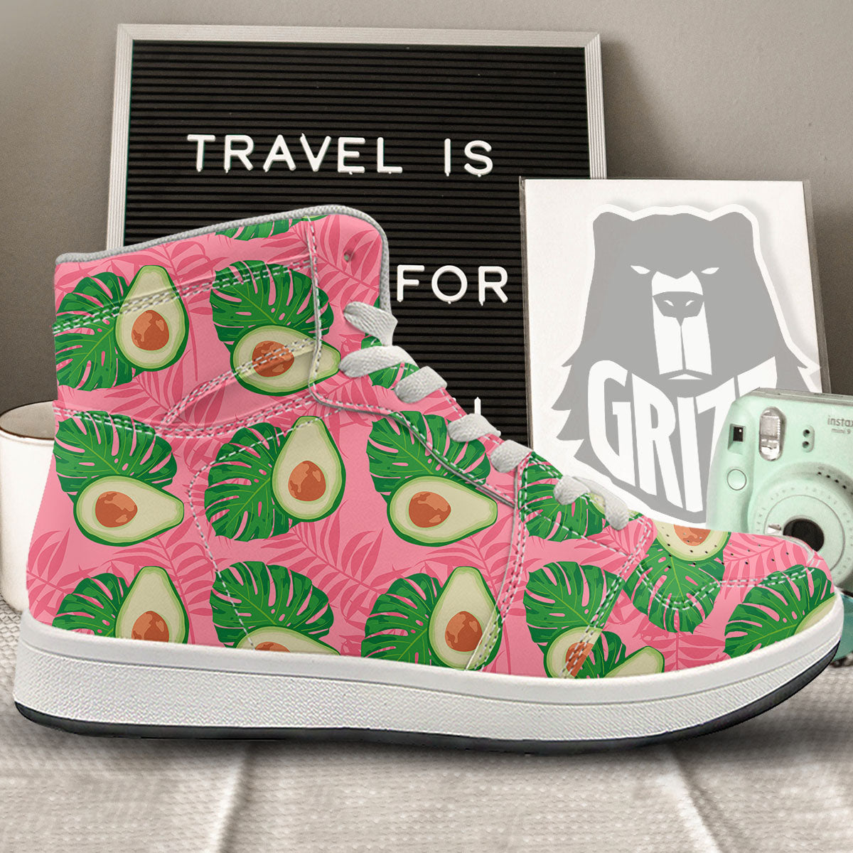 Plam Leaf And Avocado Pink Print Pattern High Top Sneakers-grizzshop