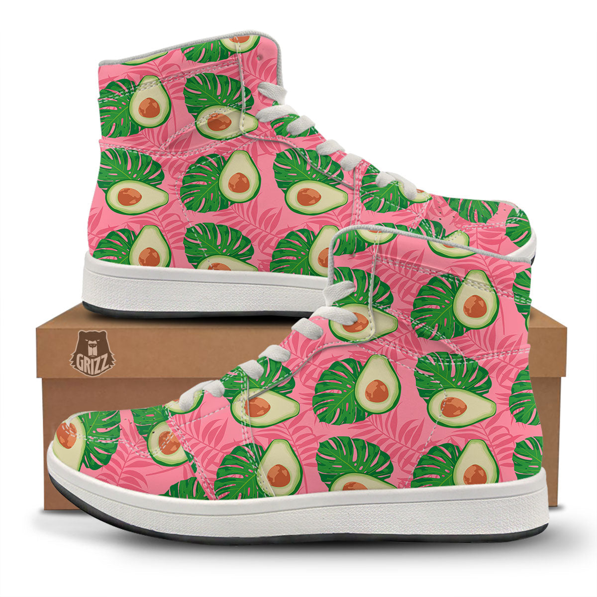 Plam Leaf And Avocado Pink Print Pattern High Top Sneakers-grizzshop