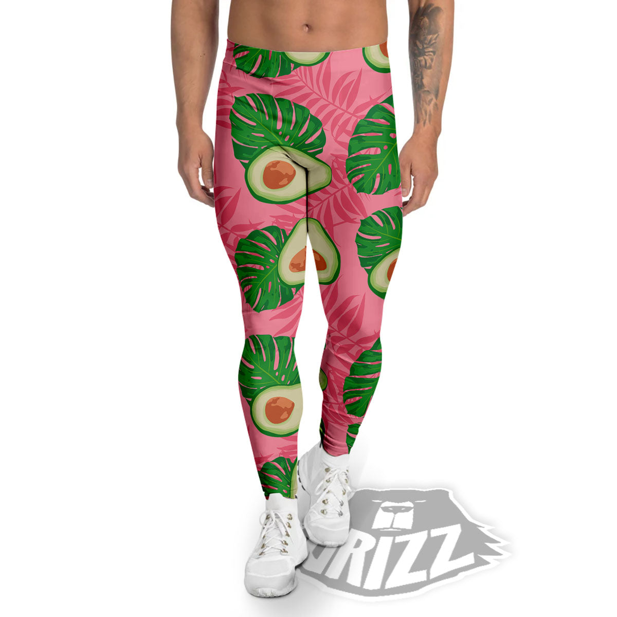 Plam Leaf And Avocado Pink Print Pattern Men's Leggings-grizzshop