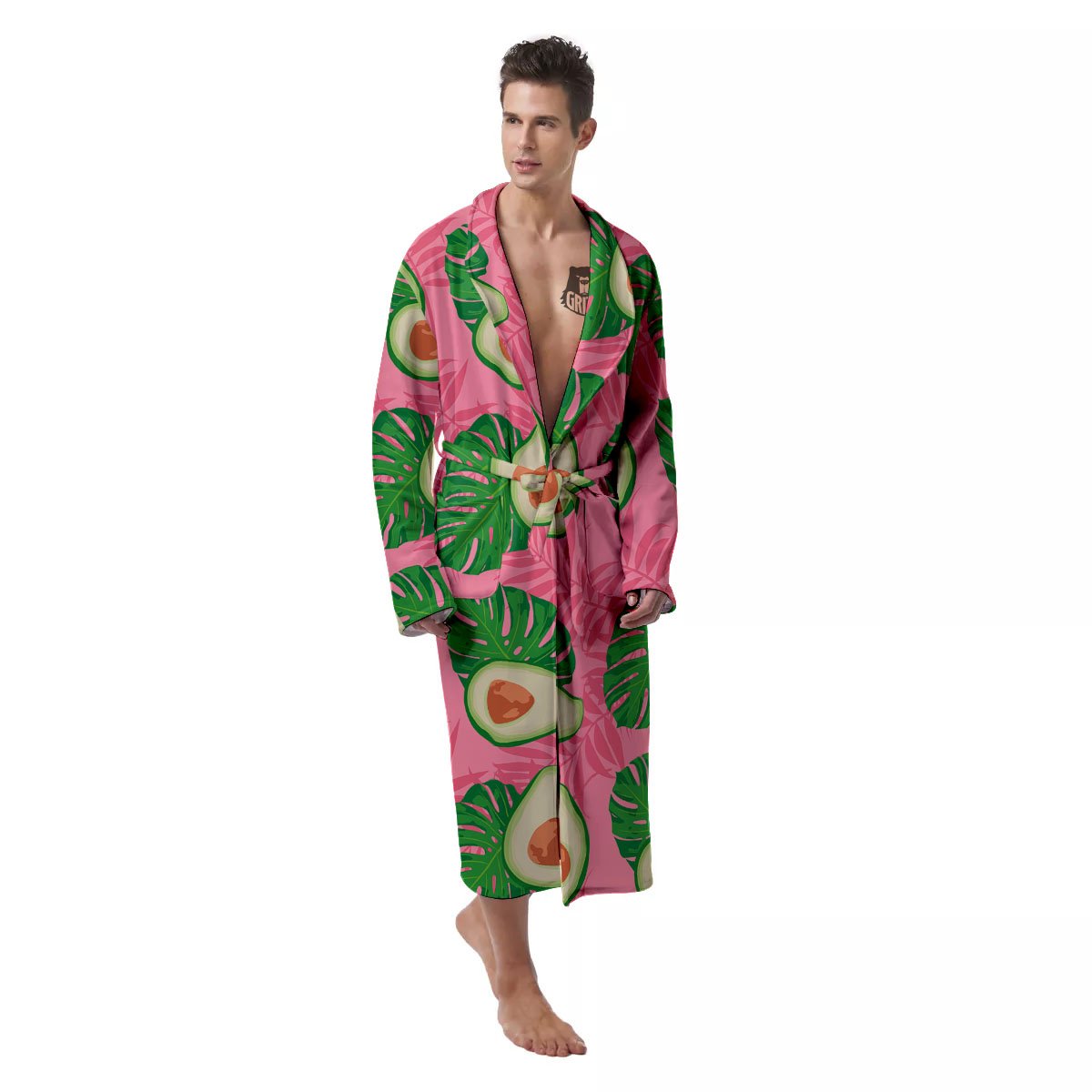 Plam Leaf And Avocado Pink Print Pattern Men's Robe-grizzshop
