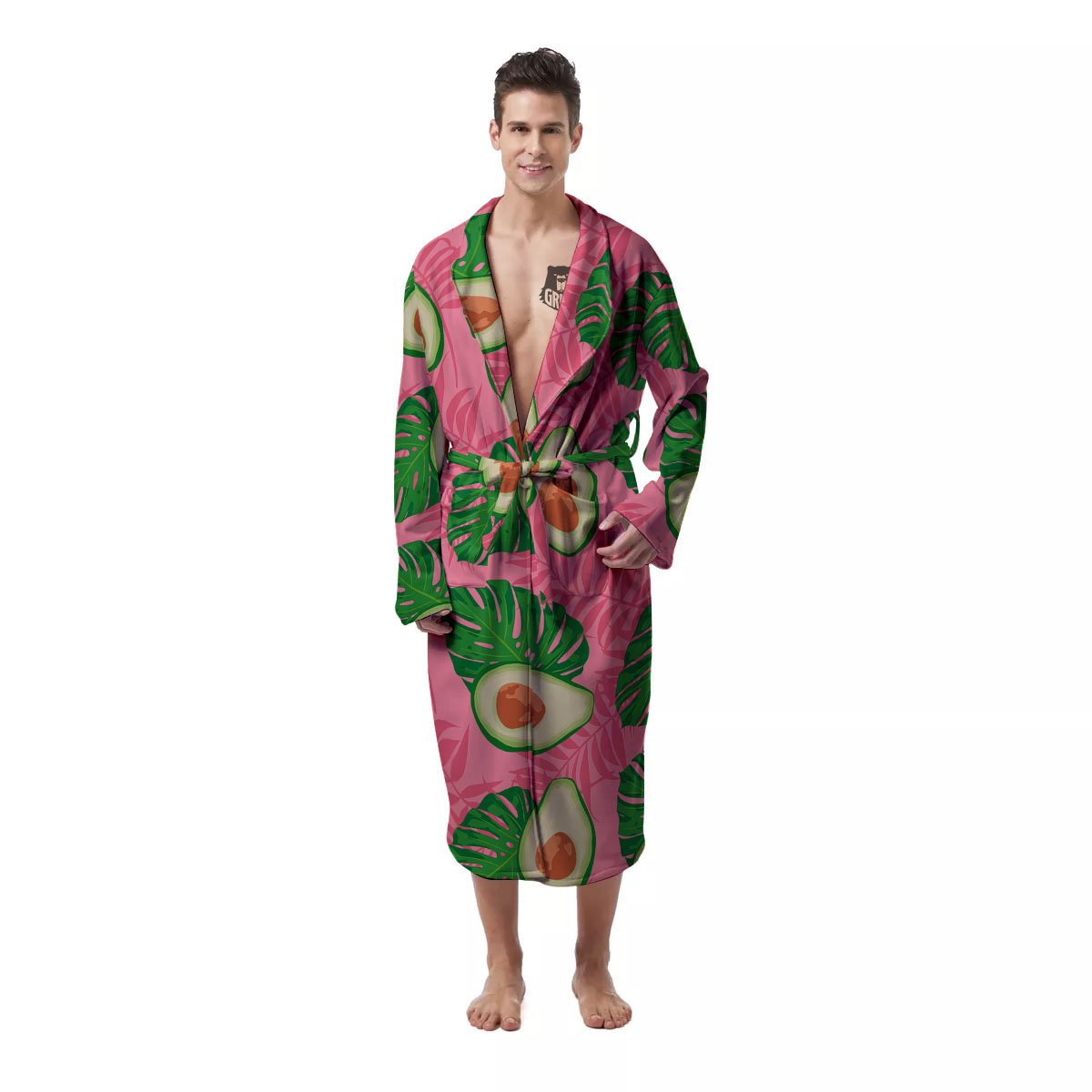 Plam Leaf And Avocado Pink Print Pattern Men's Robe-grizzshop