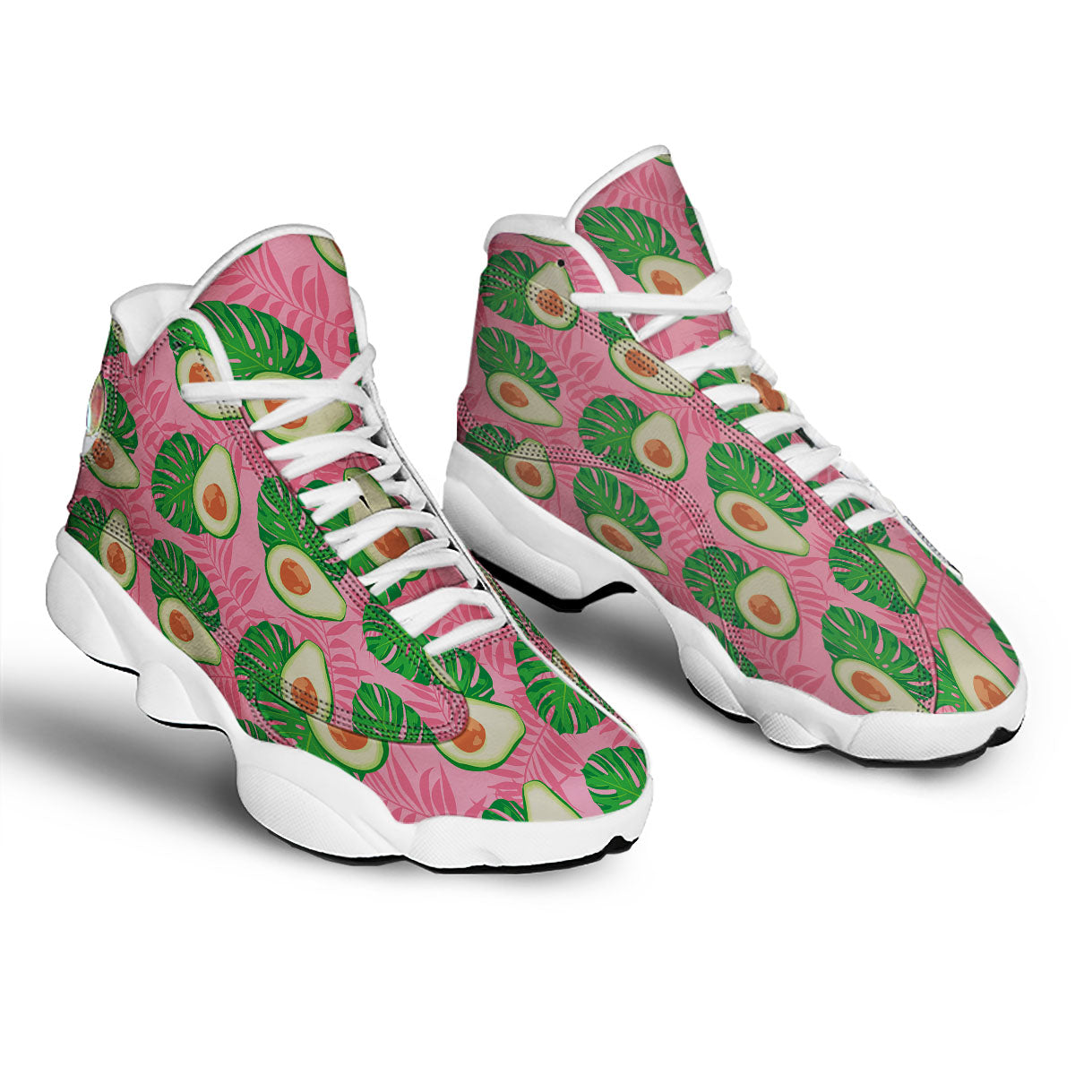 Plam Leaf And Avocado Pink Print Pattern White Basketball Shoes-grizzshop