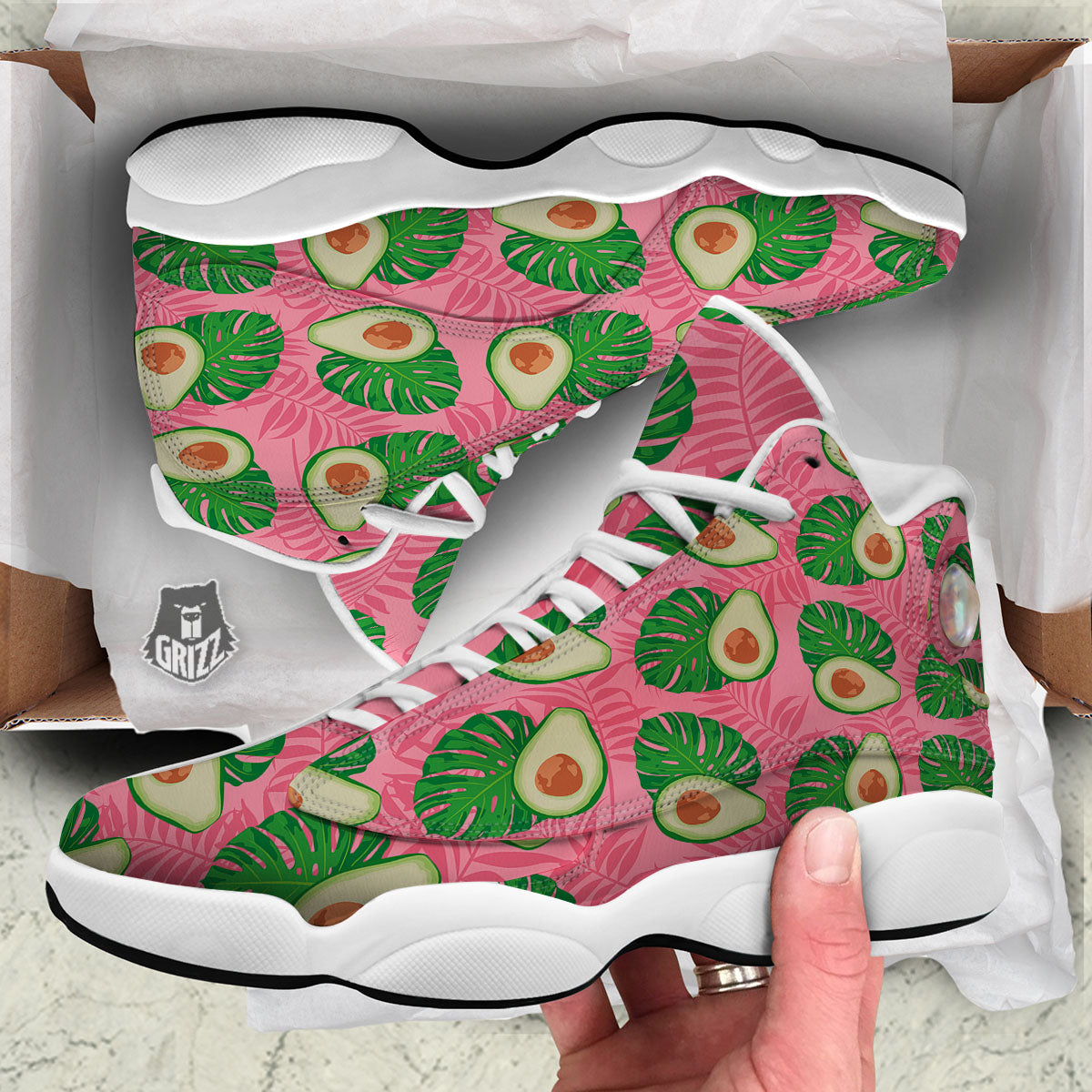 Plam Leaf And Avocado Pink Print Pattern White Basketball Shoes-grizzshop