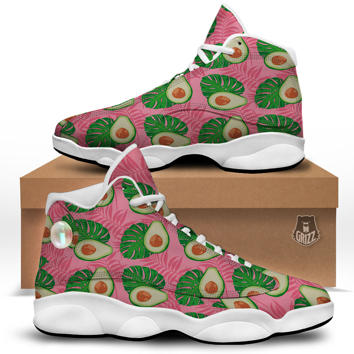 Plam Leaf And Avocado Pink Print Pattern White Basketball Shoes-grizzshop