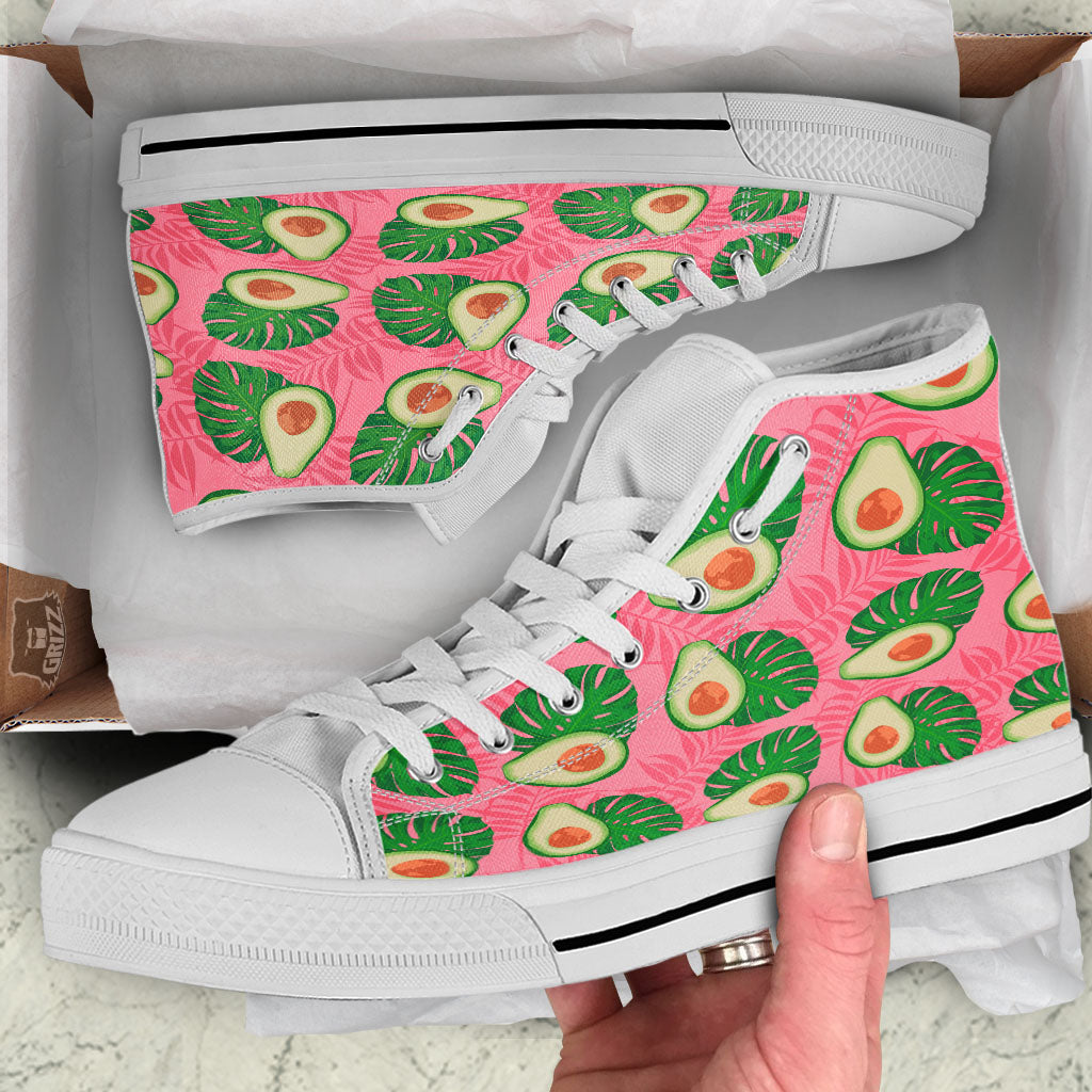 Plam Leaf And Avocado Pink Print Pattern White High Top Shoes-grizzshop