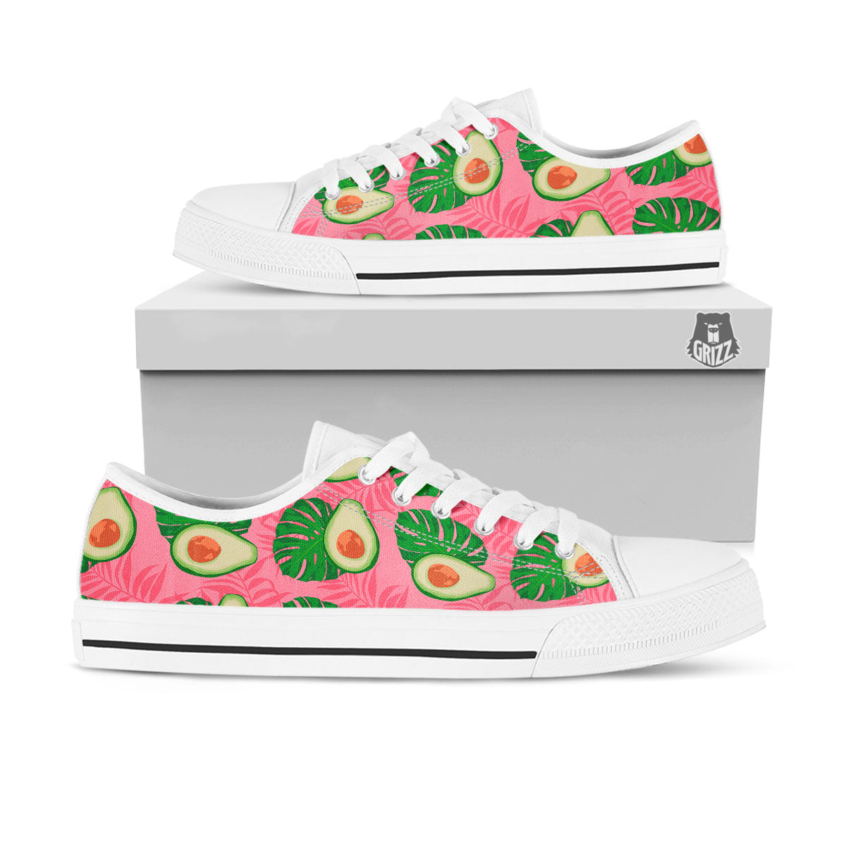 Plam Leaf And Avocado Pink Print Pattern White Low Top Shoes-grizzshop