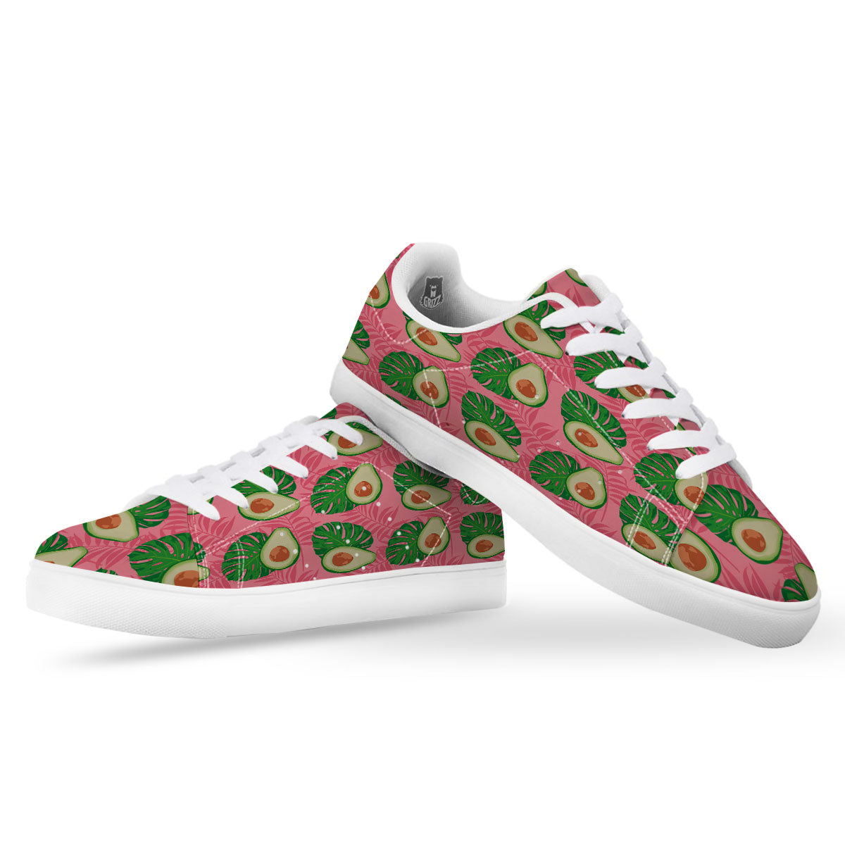 Plam Leaf And Avocado Pink Print Pattern White Low Top Sneakers-grizzshop