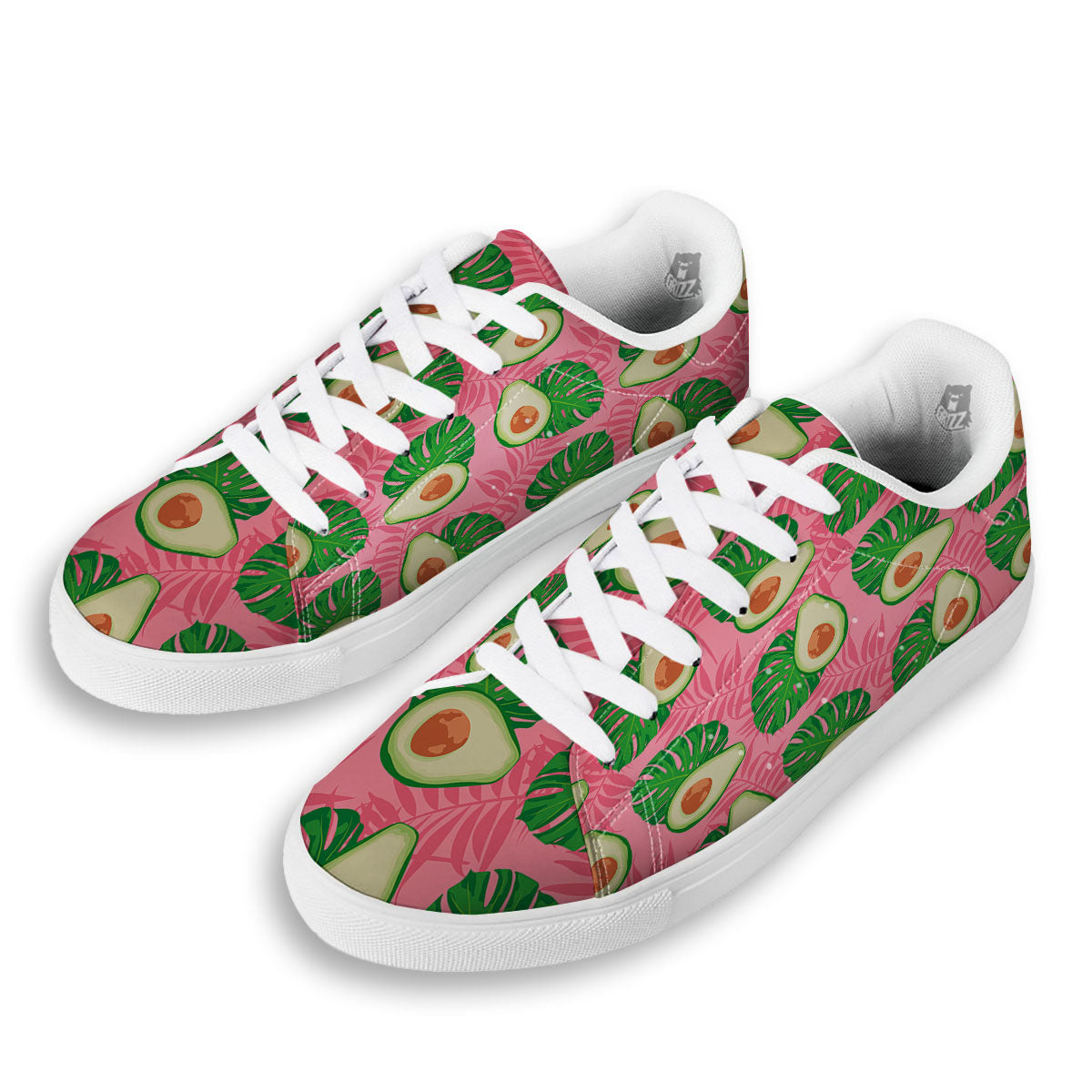 Plam Leaf And Avocado Pink Print Pattern White Low Top Sneakers-grizzshop