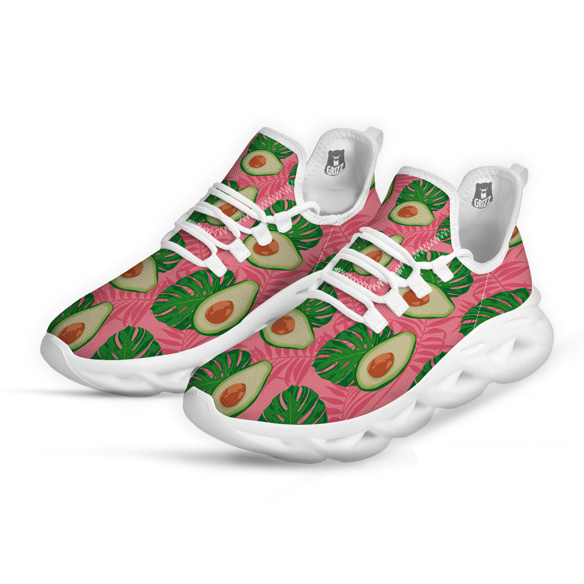 Plam Leaf And Avocado Pink Print Pattern White Running Shoes-grizzshop