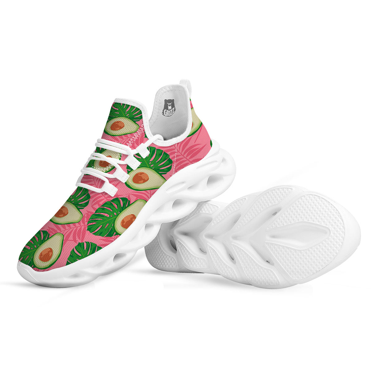 Plam Leaf And Avocado Pink Print Pattern White Running Shoes-grizzshop