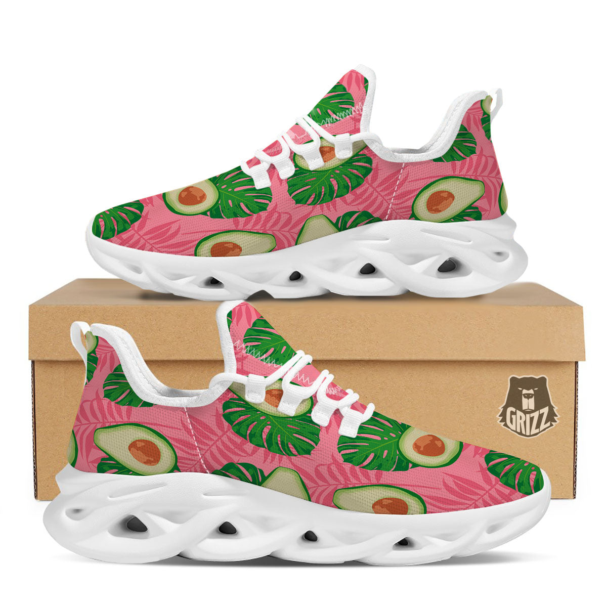 Plam Leaf And Avocado Pink Print Pattern White Running Shoes-grizzshop