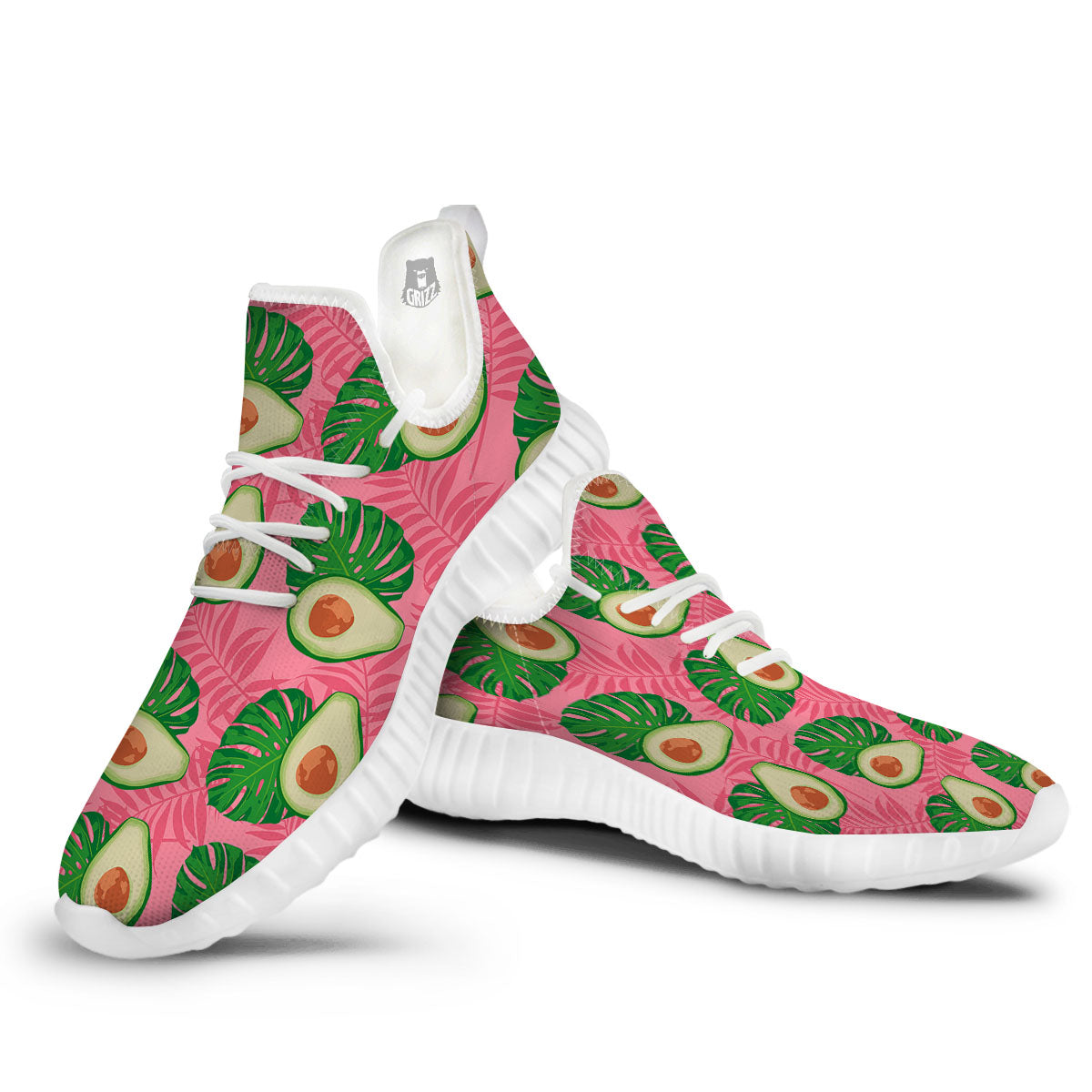 Plam Leaf And Avocado Pink Print Pattern White Walking Shoes-grizzshop