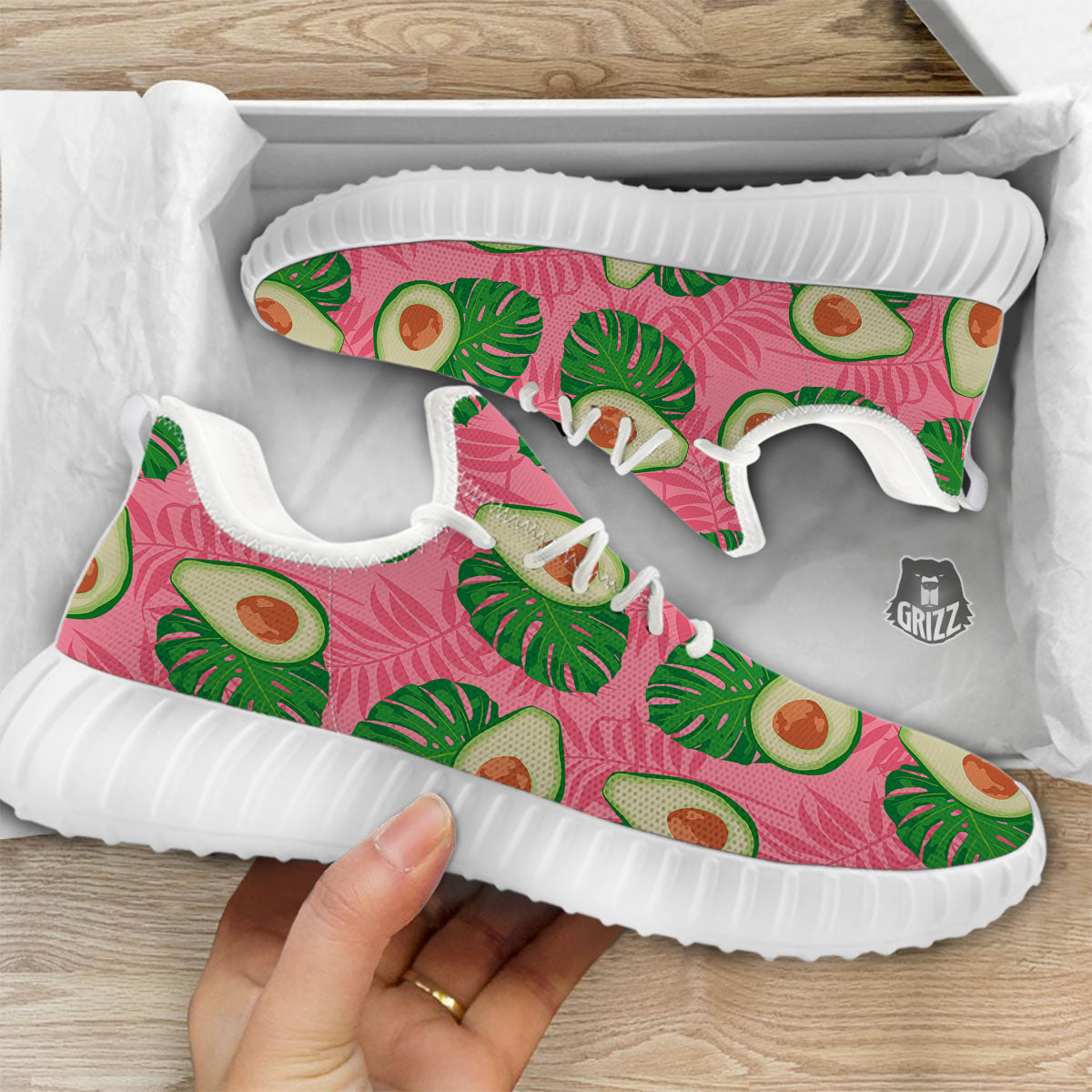 Plam Leaf And Avocado Pink Print Pattern White Walking Shoes-grizzshop