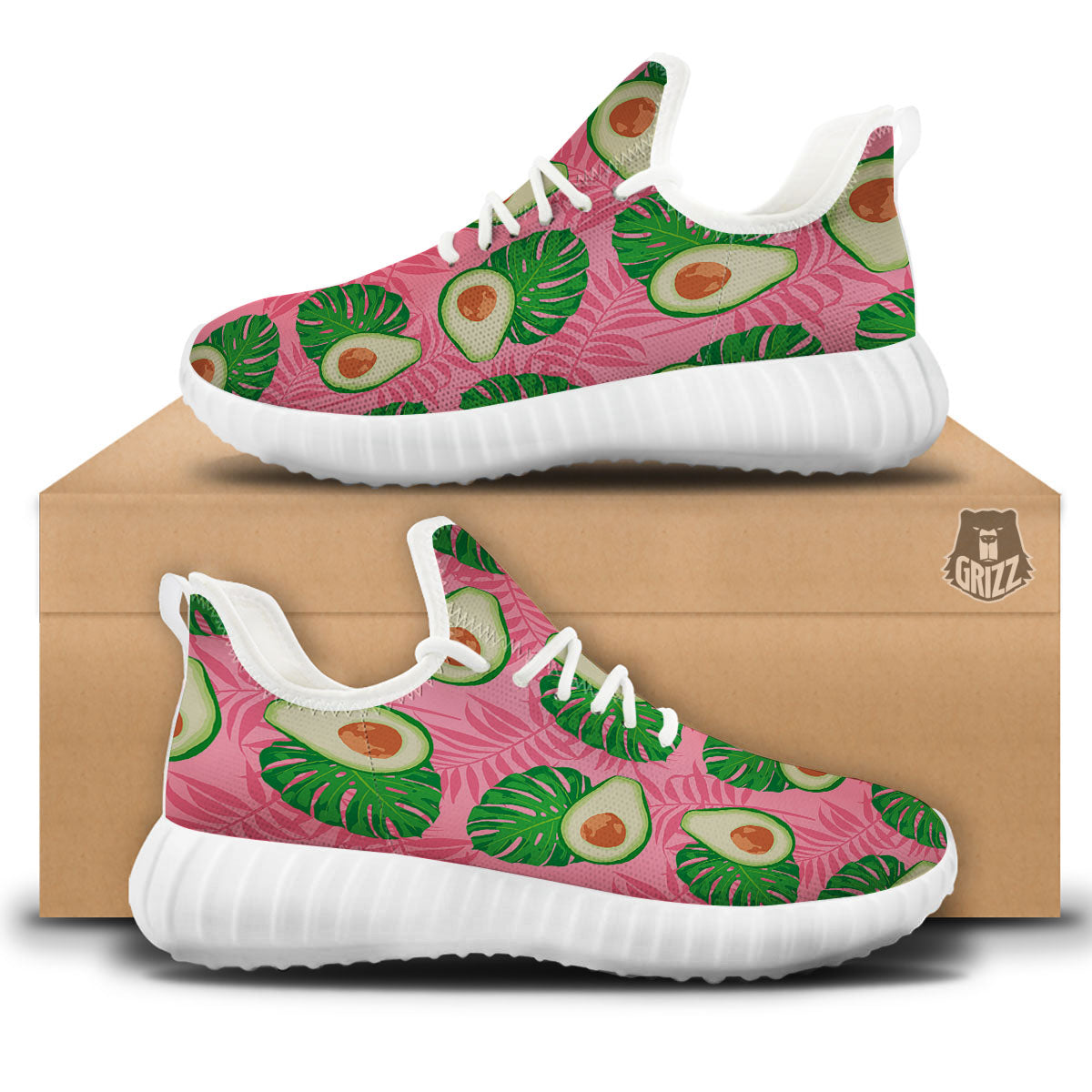 Plam Leaf And Avocado Pink Print Pattern White Walking Shoes-grizzshop
