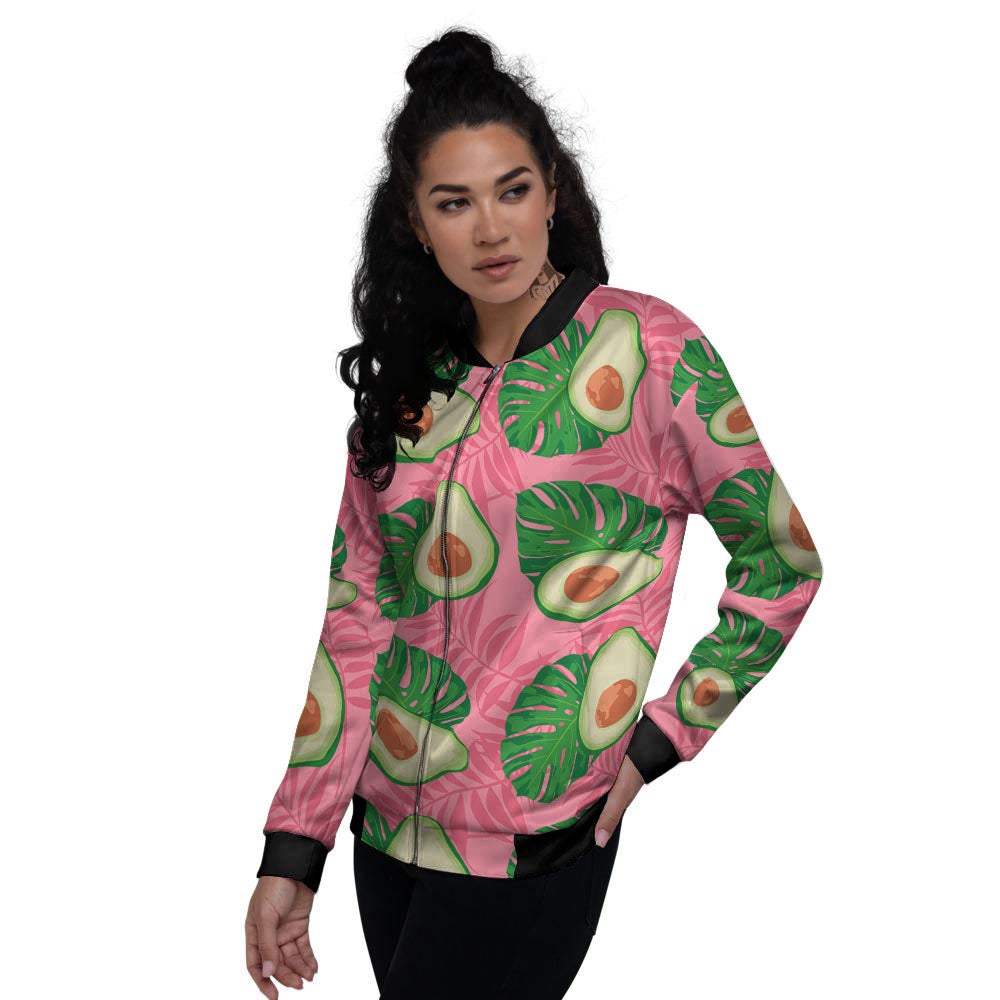 Plam Leaf And Avocado Pink Print Pattern Women's Bomber Jacket-grizzshop