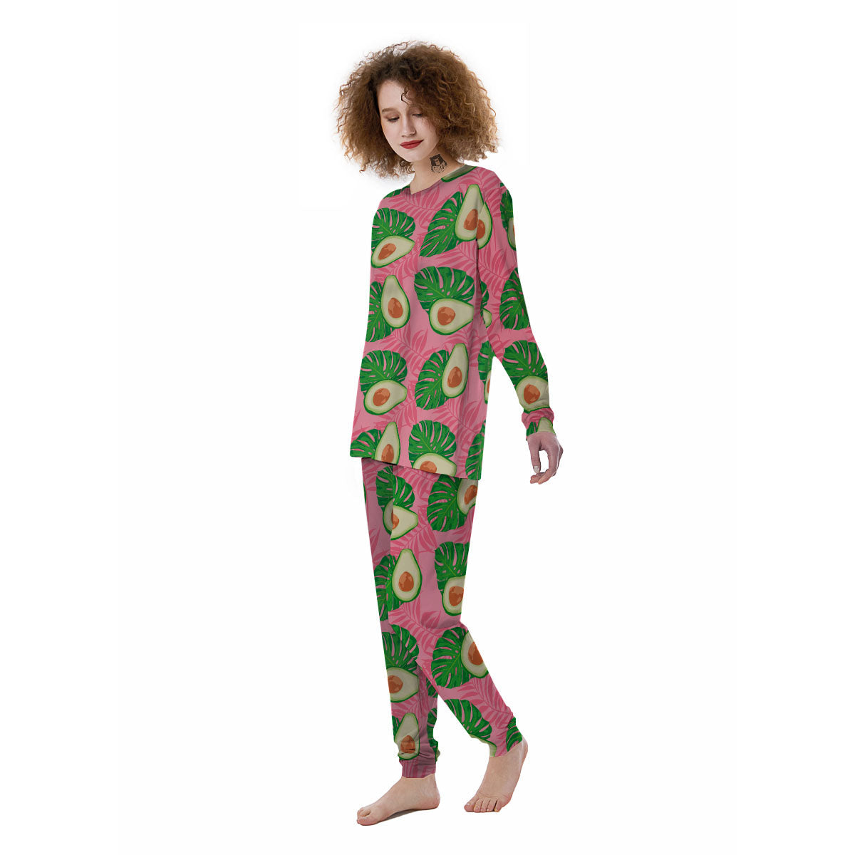 Plam Leaf And Avocado Pink Print Pattern Women's Pajamas-grizzshop