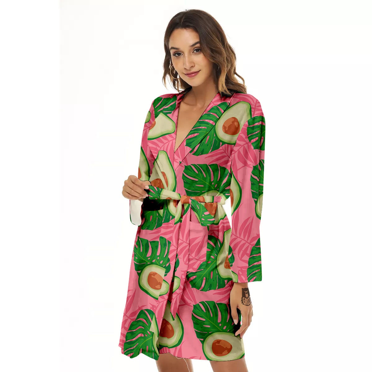 Plam Leaf And Avocado Pink Print Pattern Women's Robe-grizzshop