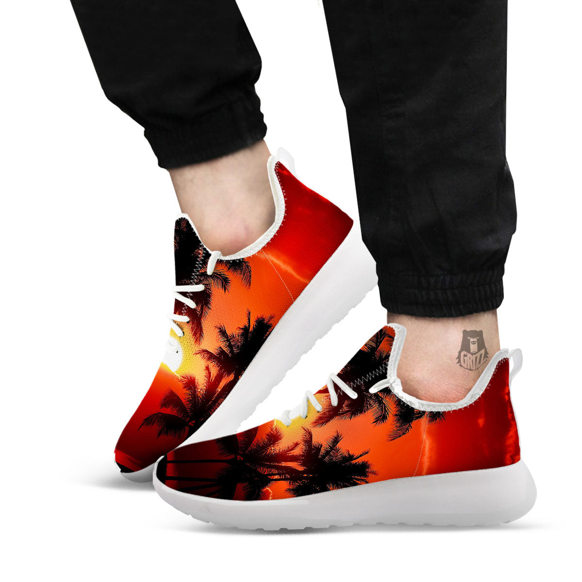 Plam Tree Sunset Tropical Print White Athletic Shoes-grizzshop