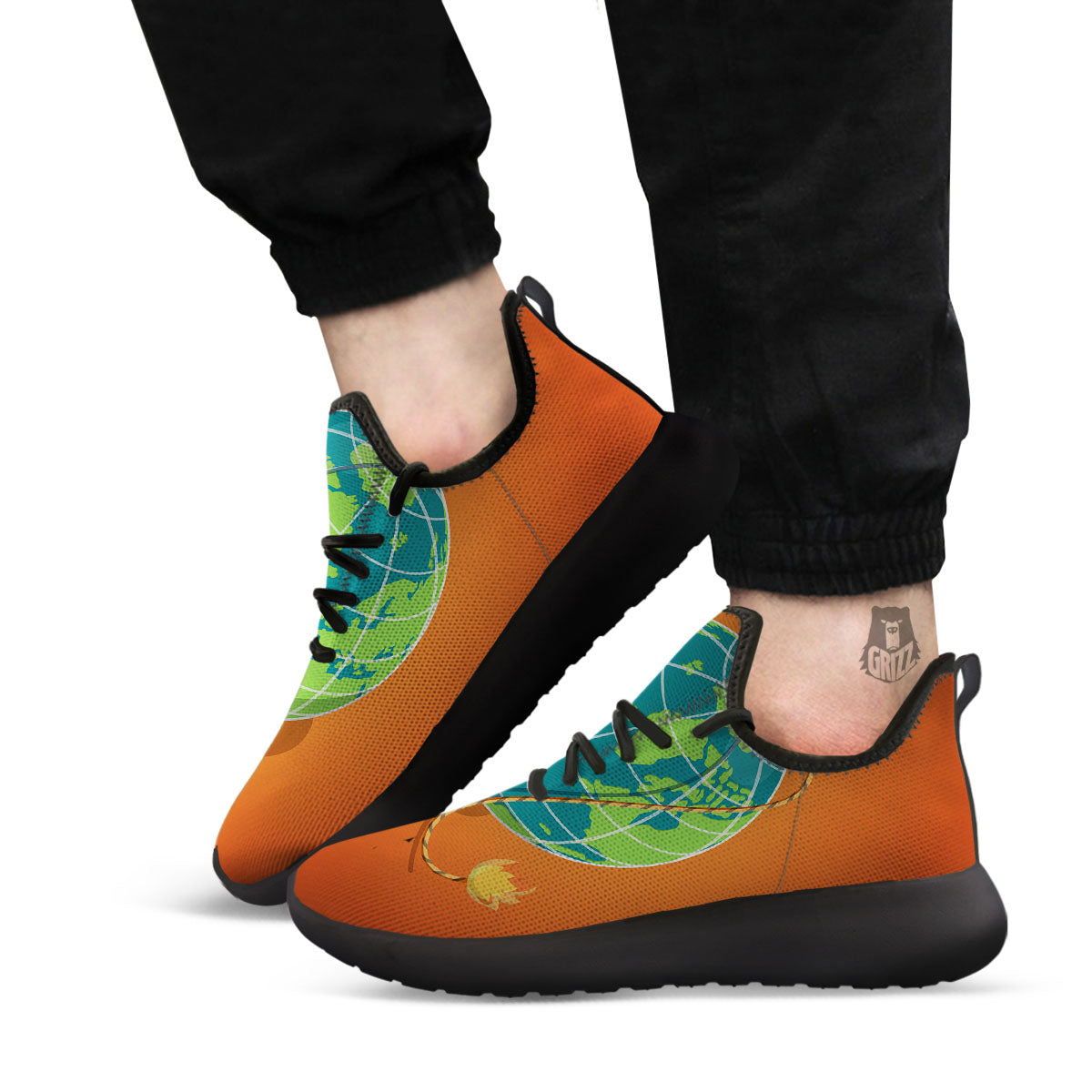 Planet Earth With Burning Fuse Orange Print Black Athletic Shoes-grizzshop