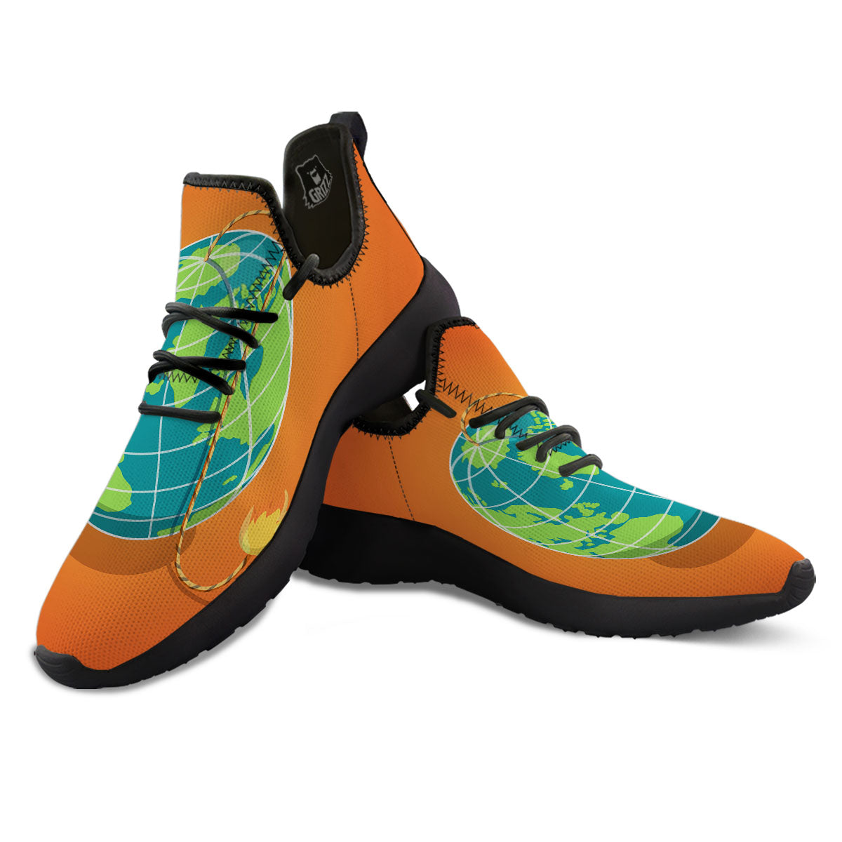 Planet Earth With Burning Fuse Orange Print Black Athletic Shoes-grizzshop