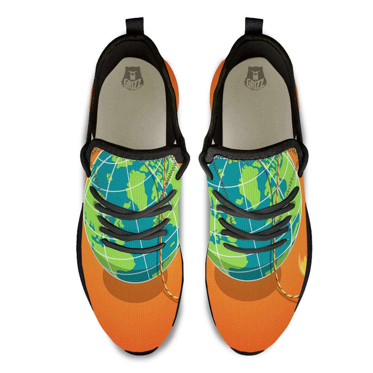Planet Earth With Burning Fuse Orange Print Black Athletic Shoes-grizzshop