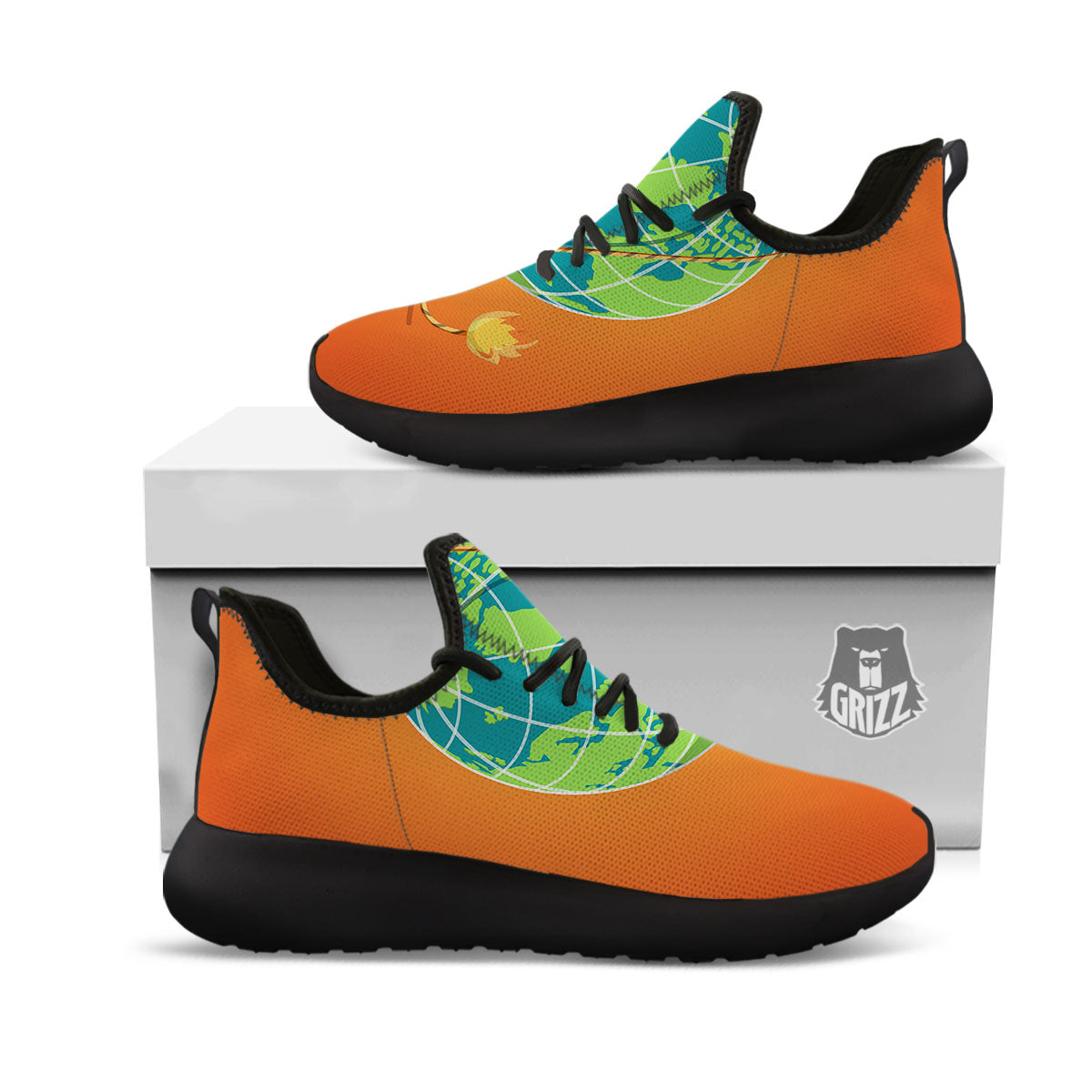 Planet Earth With Burning Fuse Orange Print Black Athletic Shoes-grizzshop