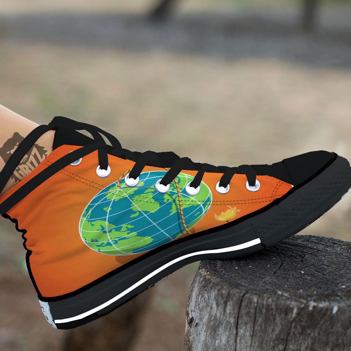 Planet Earth With Burning Fuse Orange Print Black High Top Shoes-grizzshop