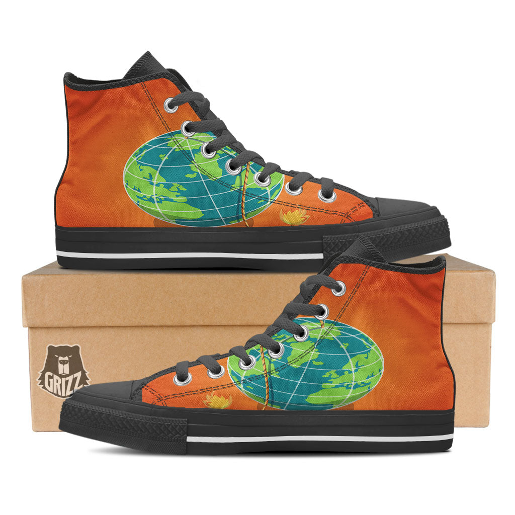 Planet Earth With Burning Fuse Orange Print Black High Top Shoes-grizzshop