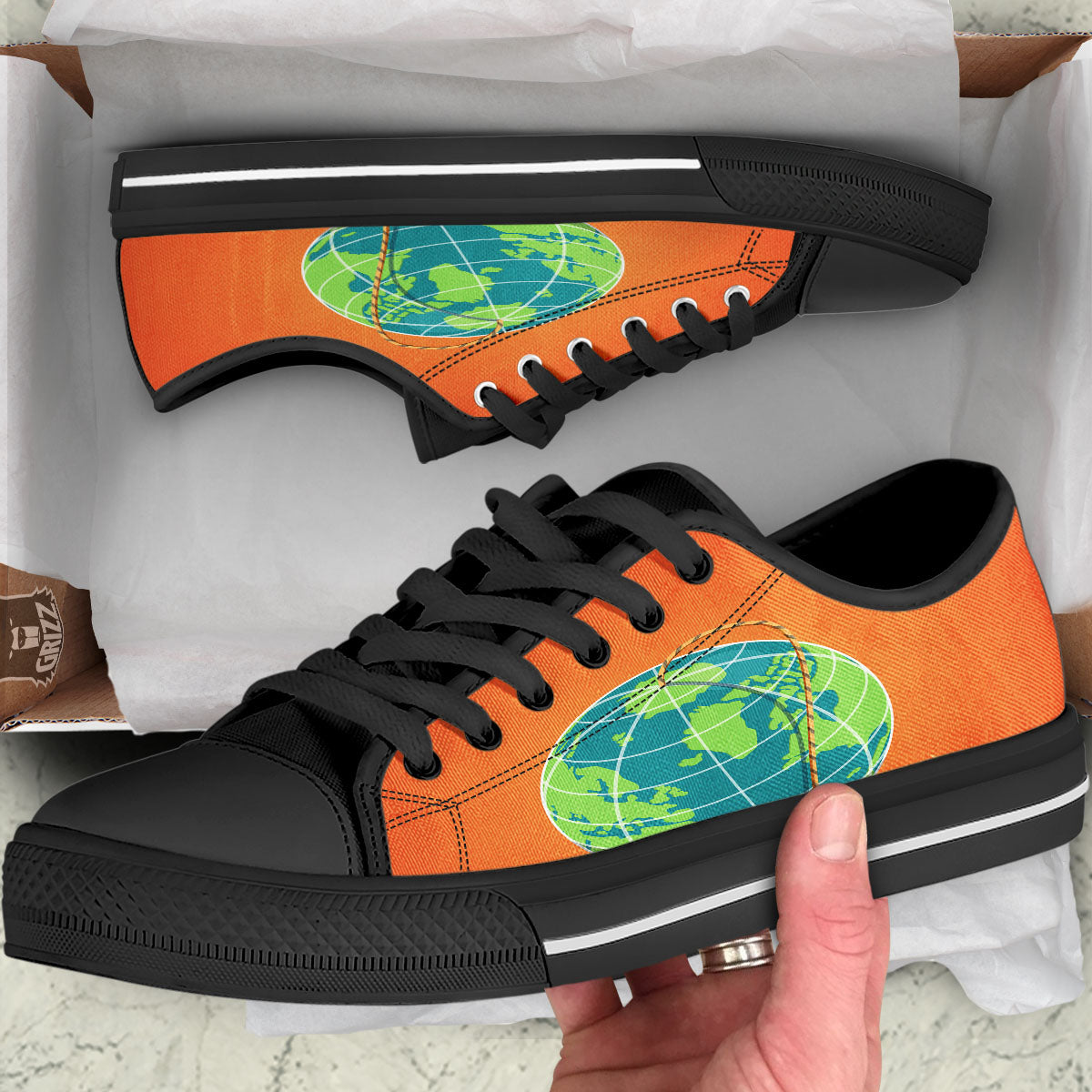Planet Earth With Burning Fuse Orange Print Black Low Top Shoes-grizzshop