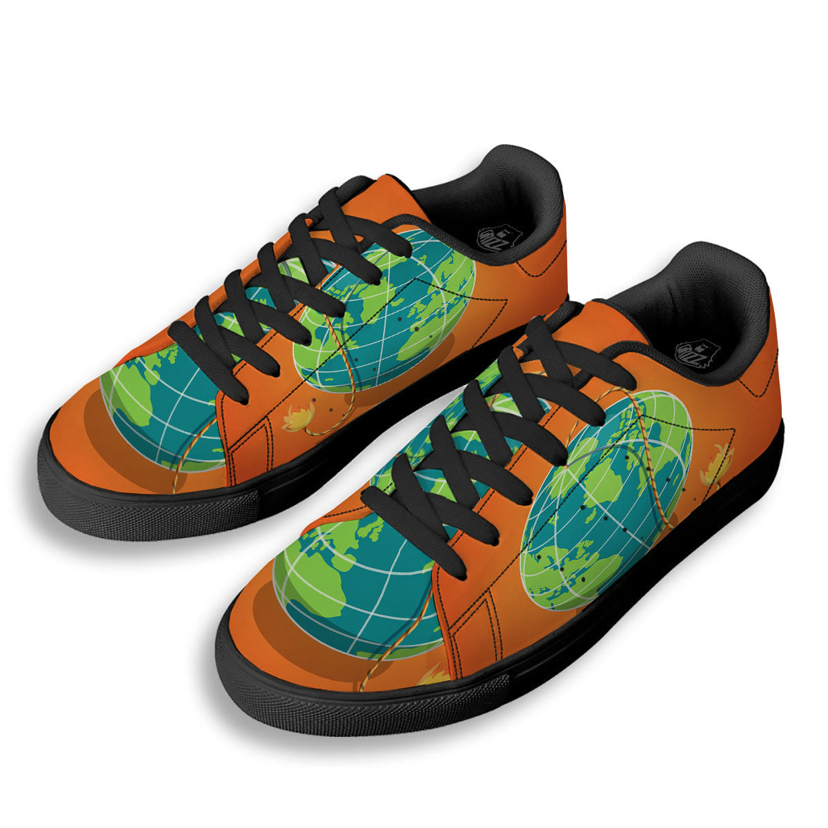 Planet Earth With Burning Fuse Orange Print Black Low Top Sneakers-grizzshop