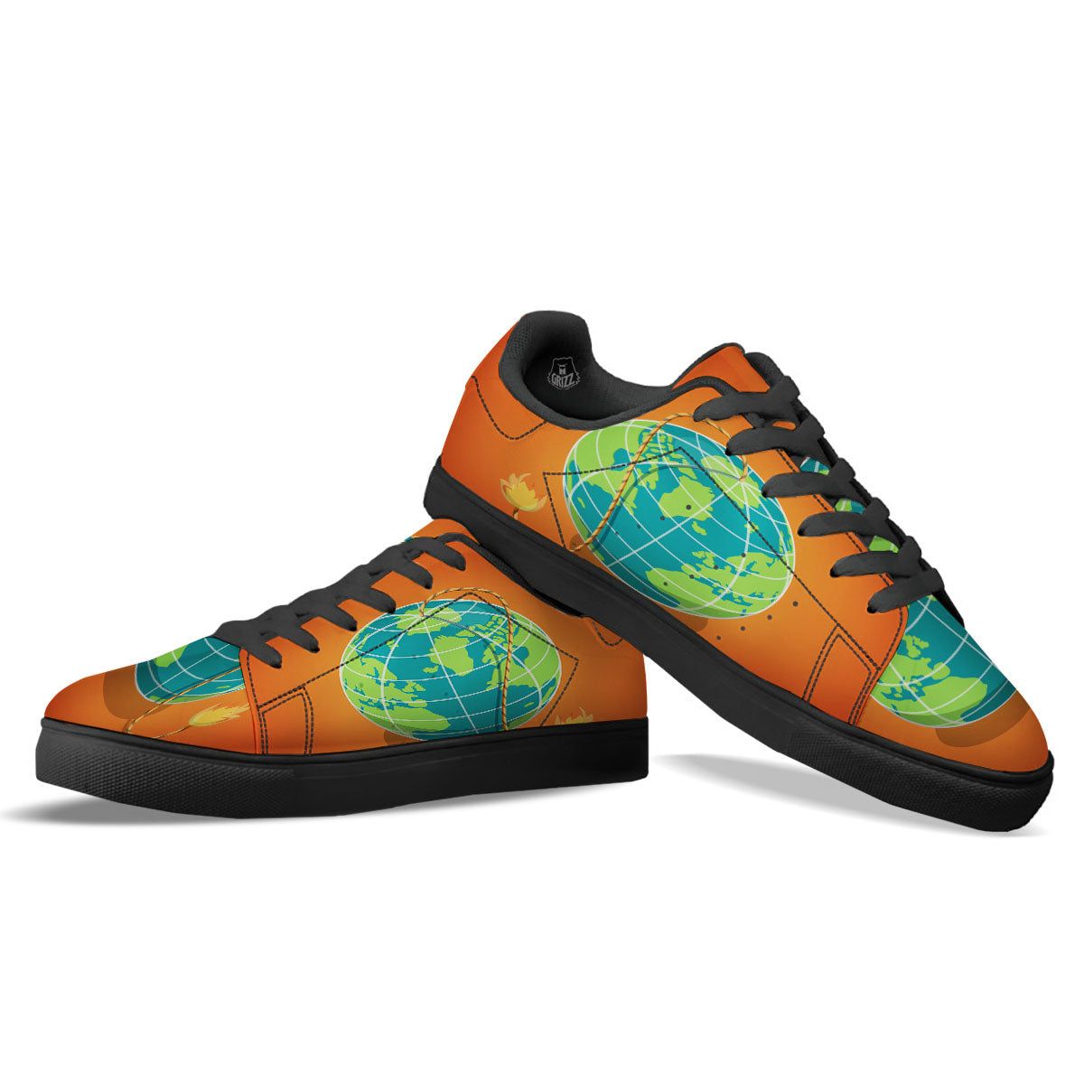 Planet Earth With Burning Fuse Orange Print Black Low Top Sneakers-grizzshop