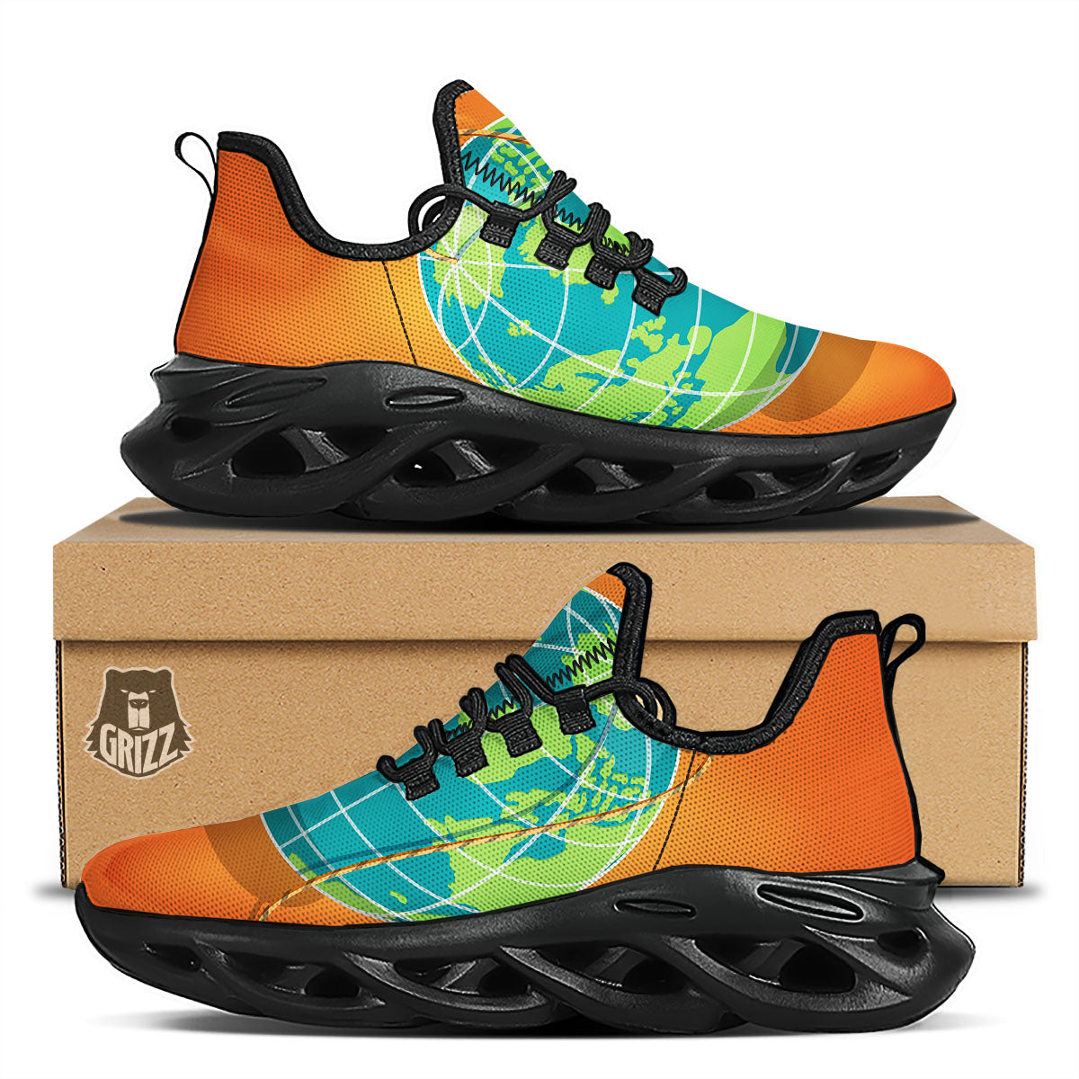 Planet Earth With Burning Fuse Orange Print Black Running Shoes-grizzshop