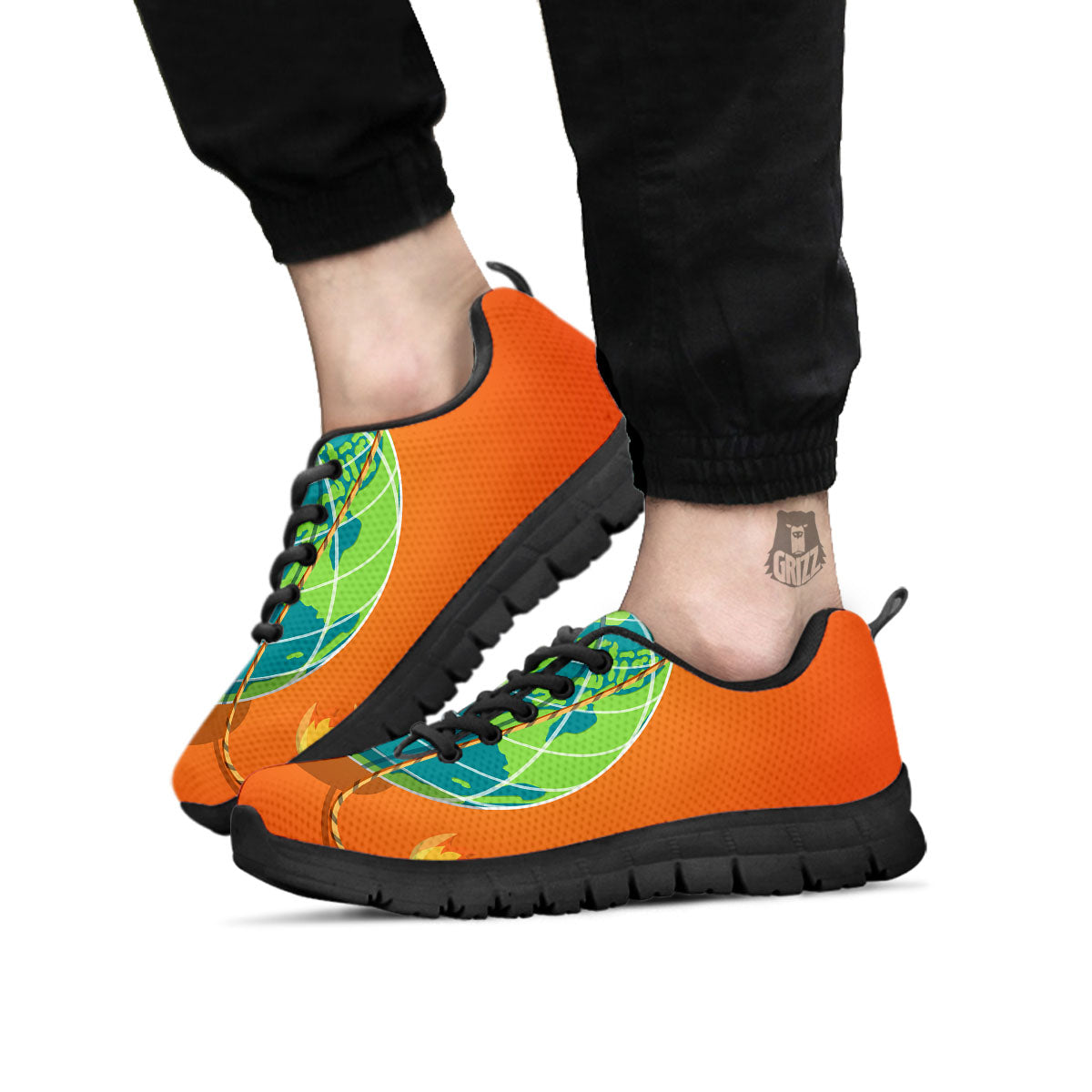 Planet Earth With Burning Fuse Orange Print Black Sneaker-grizzshop