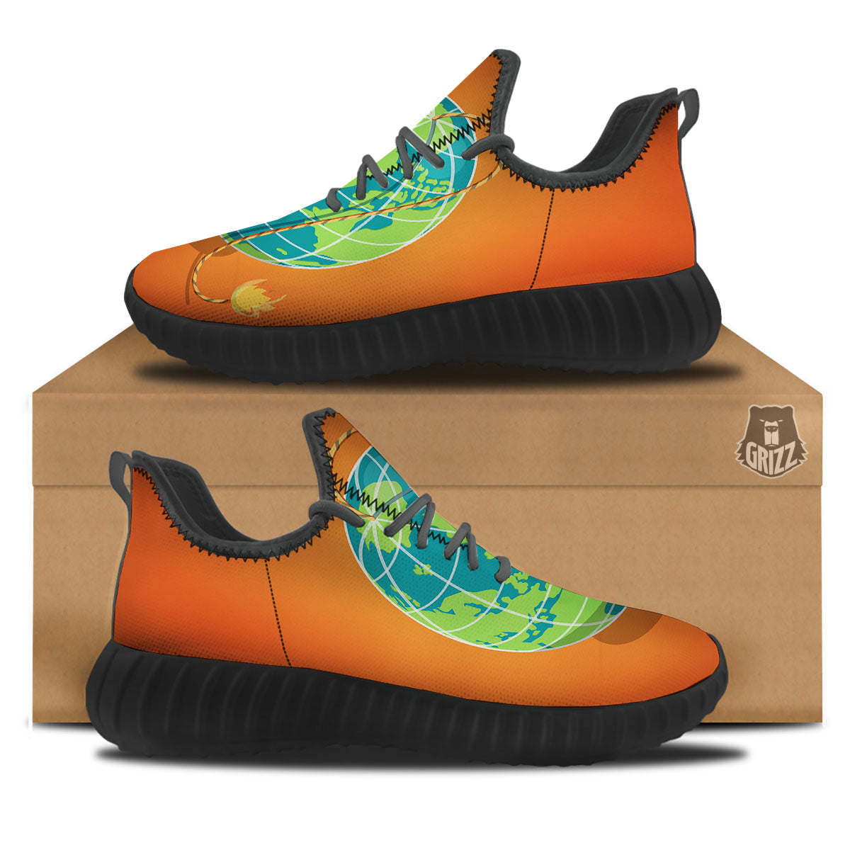 Planet Earth With Burning Fuse Orange Print Black Walking Shoes-grizzshop