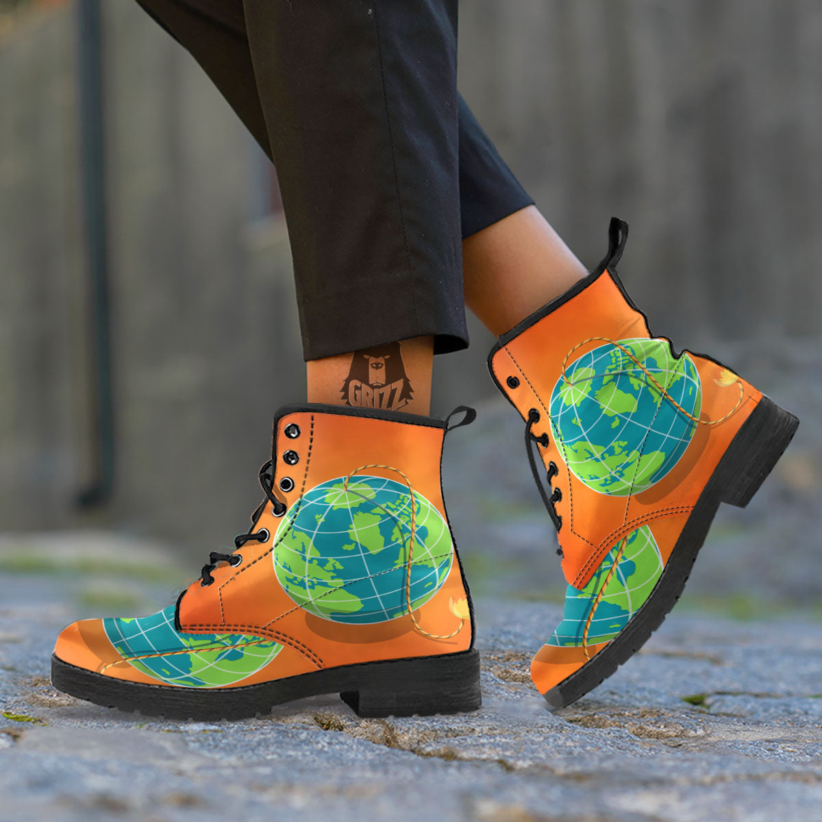 Planet Earth With Burning Fuse Orange Print Leather Boots-grizzshop