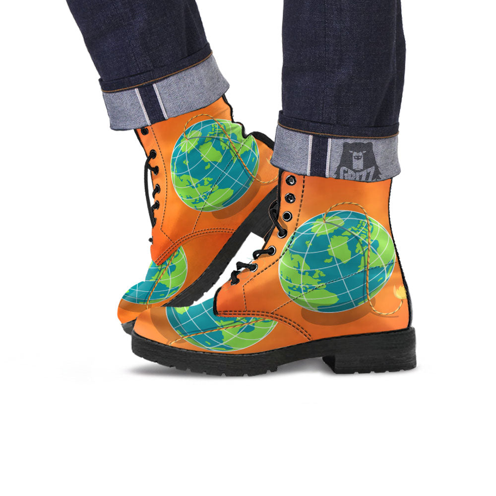 Planet Earth With Burning Fuse Orange Print Leather Boots-grizzshop