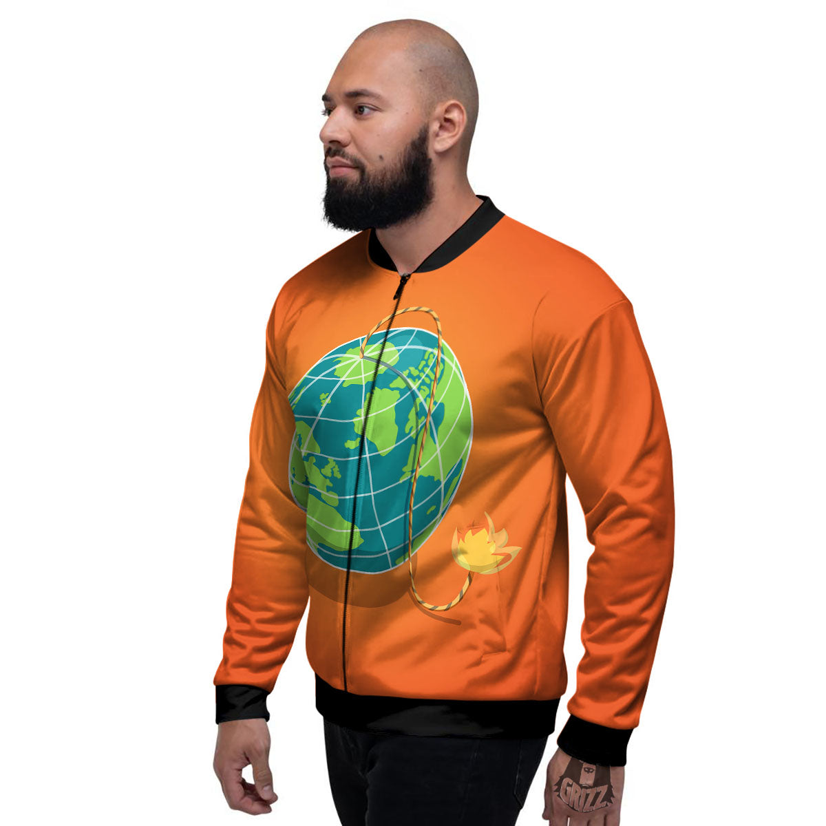 Planet Earth With Burning Fuse Orange Print Men's Bomber Jacket-grizzshop