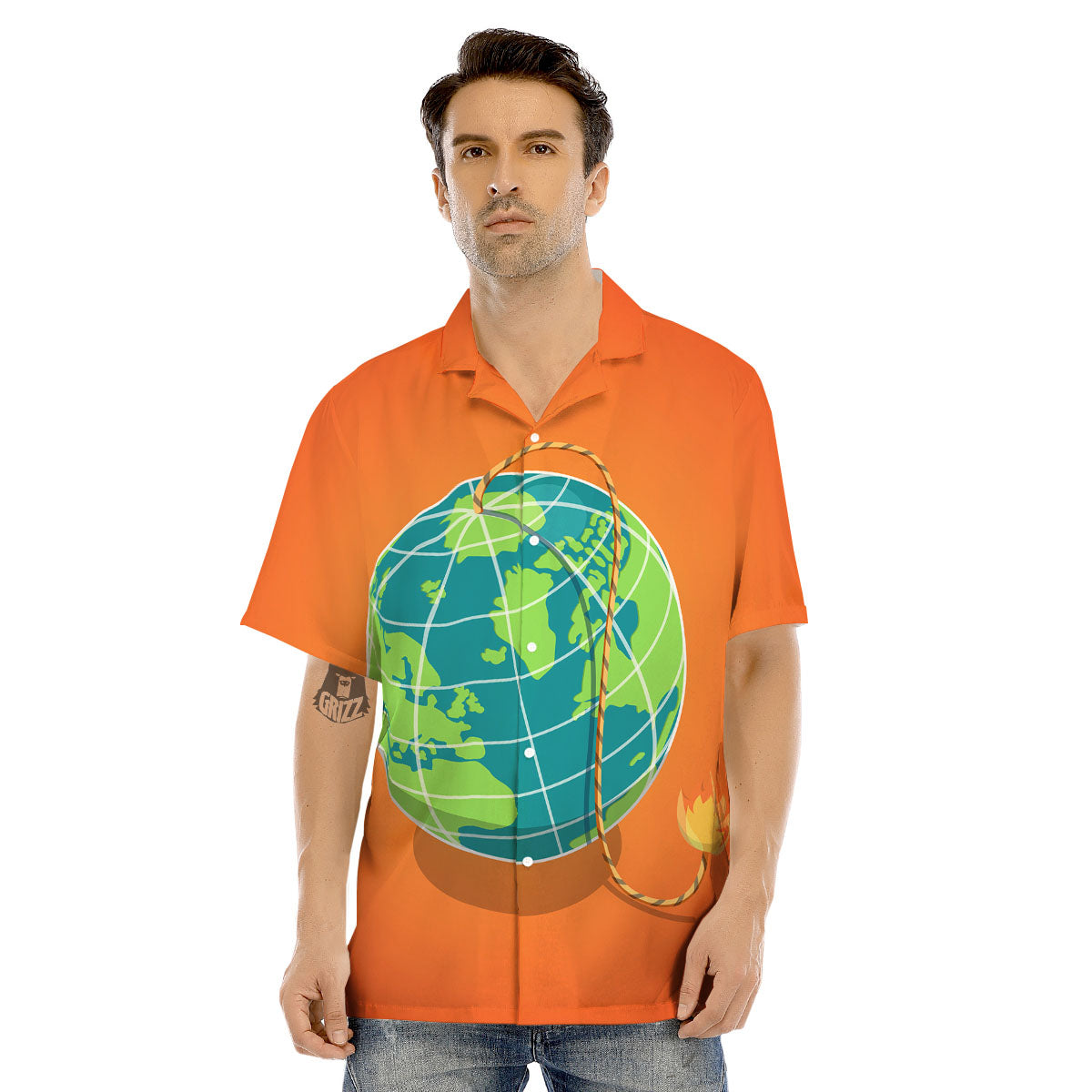 Planet Earth With Burning Fuse Orange Print Men's Hawaiian Shirt-grizzshop