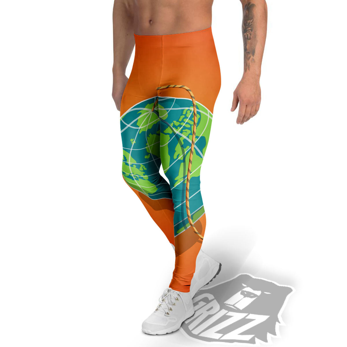 Planet Earth With Burning Fuse Orange Print Men's Leggings-grizzshop