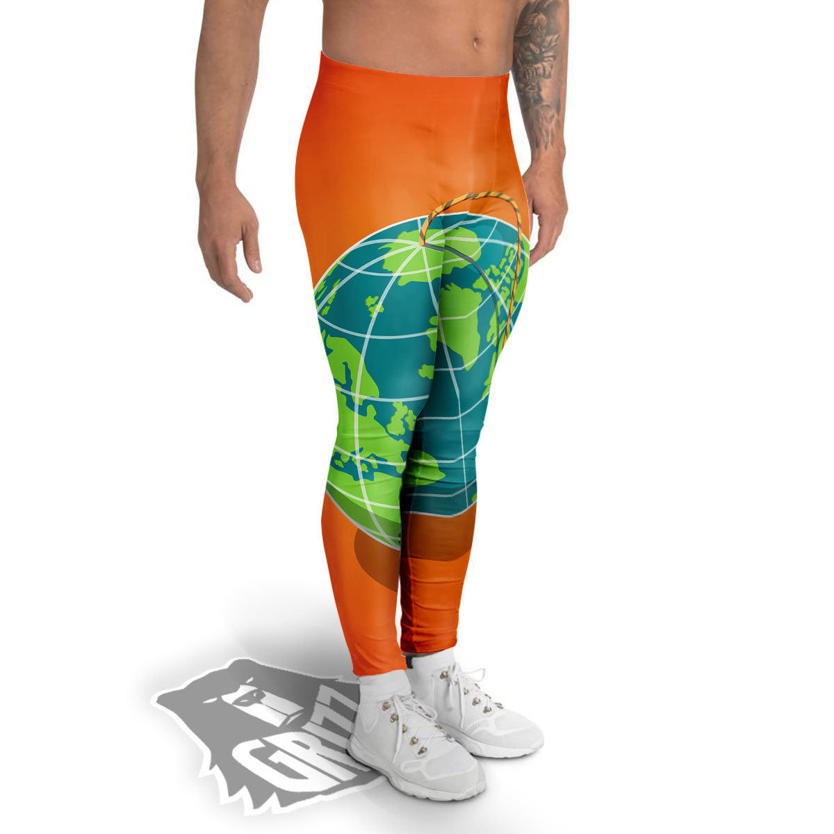 Planet Earth With Burning Fuse Orange Print Men's Leggings-grizzshop