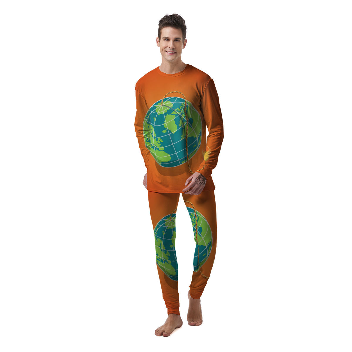 Planet Earth With Burning Fuse Orange Print Men's Pajamas-grizzshop