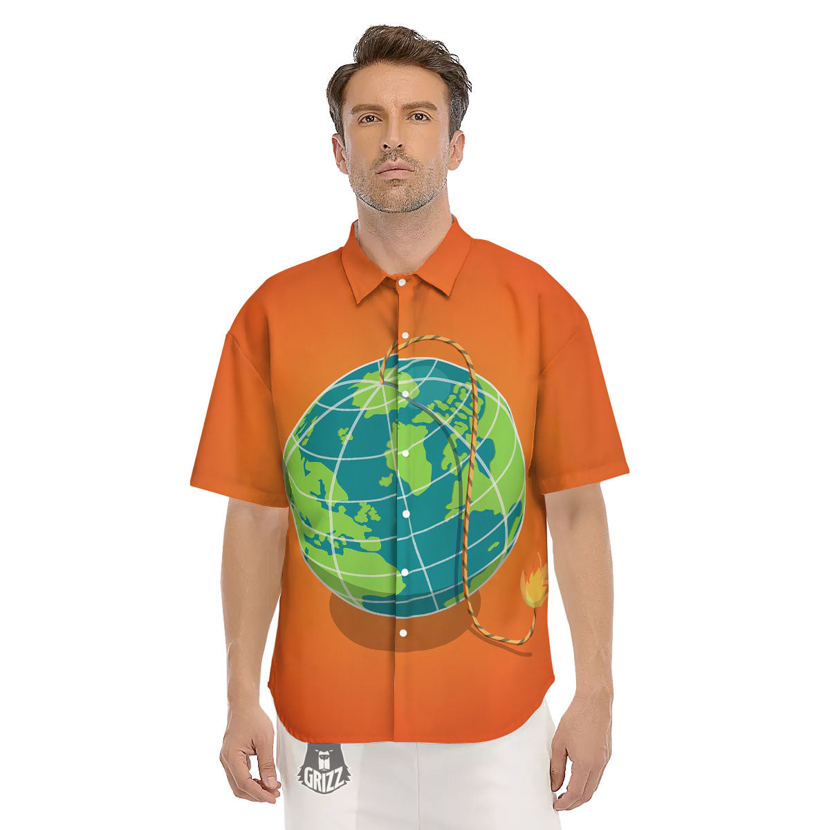 Planet Earth With Burning Fuse Orange Print Men's Short Sleeve Shirts-grizzshop