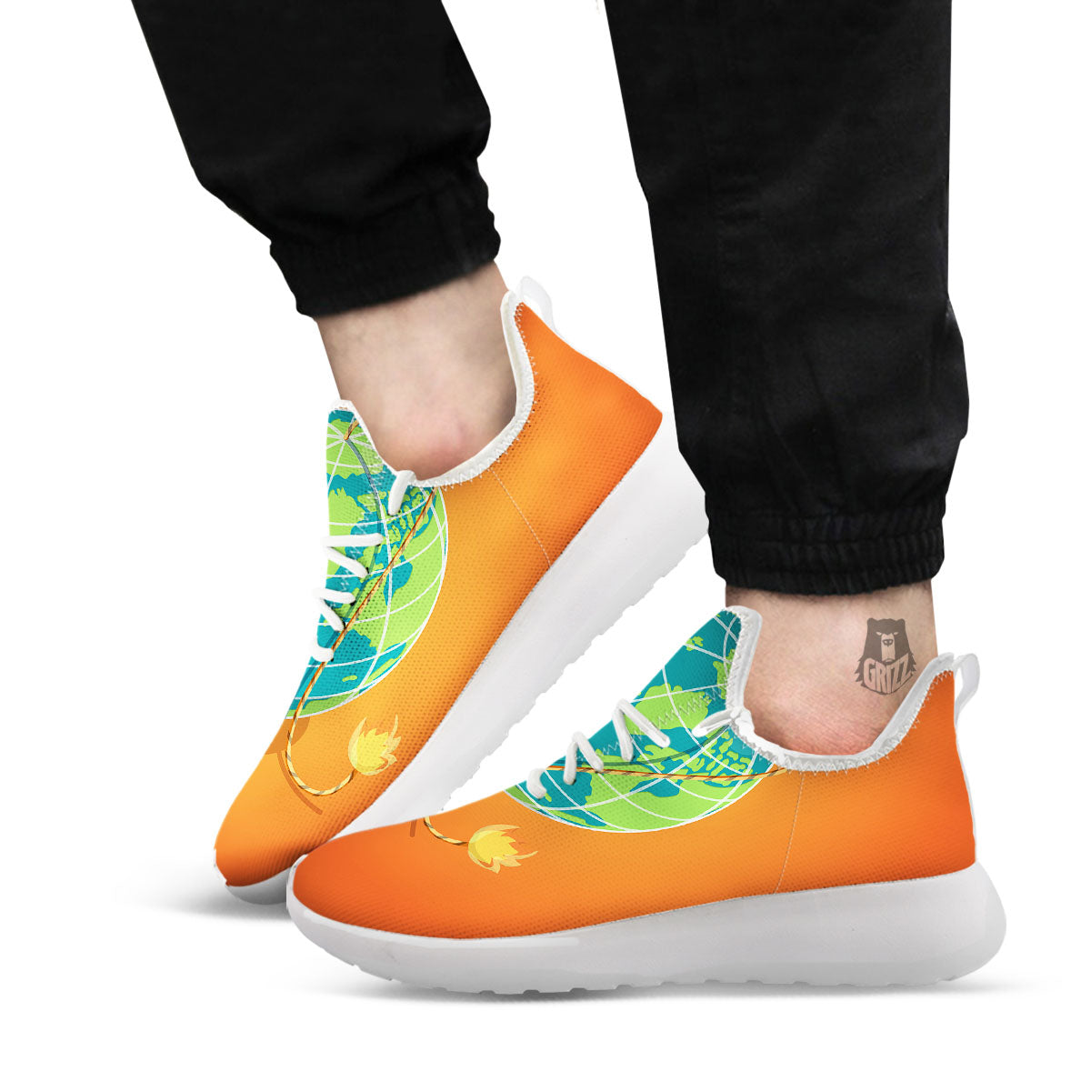 Planet Earth With Burning Fuse Orange Print White Athletic Shoes-grizzshop