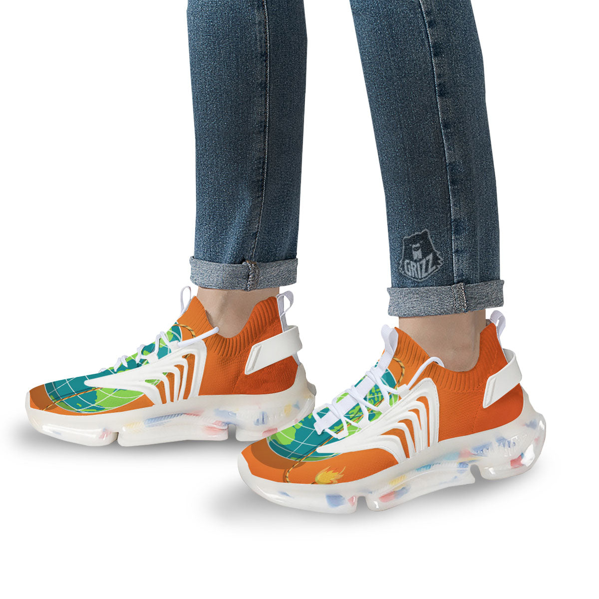 Planet Earth With Burning Fuse Orange Print White Gym Shoes-grizzshop