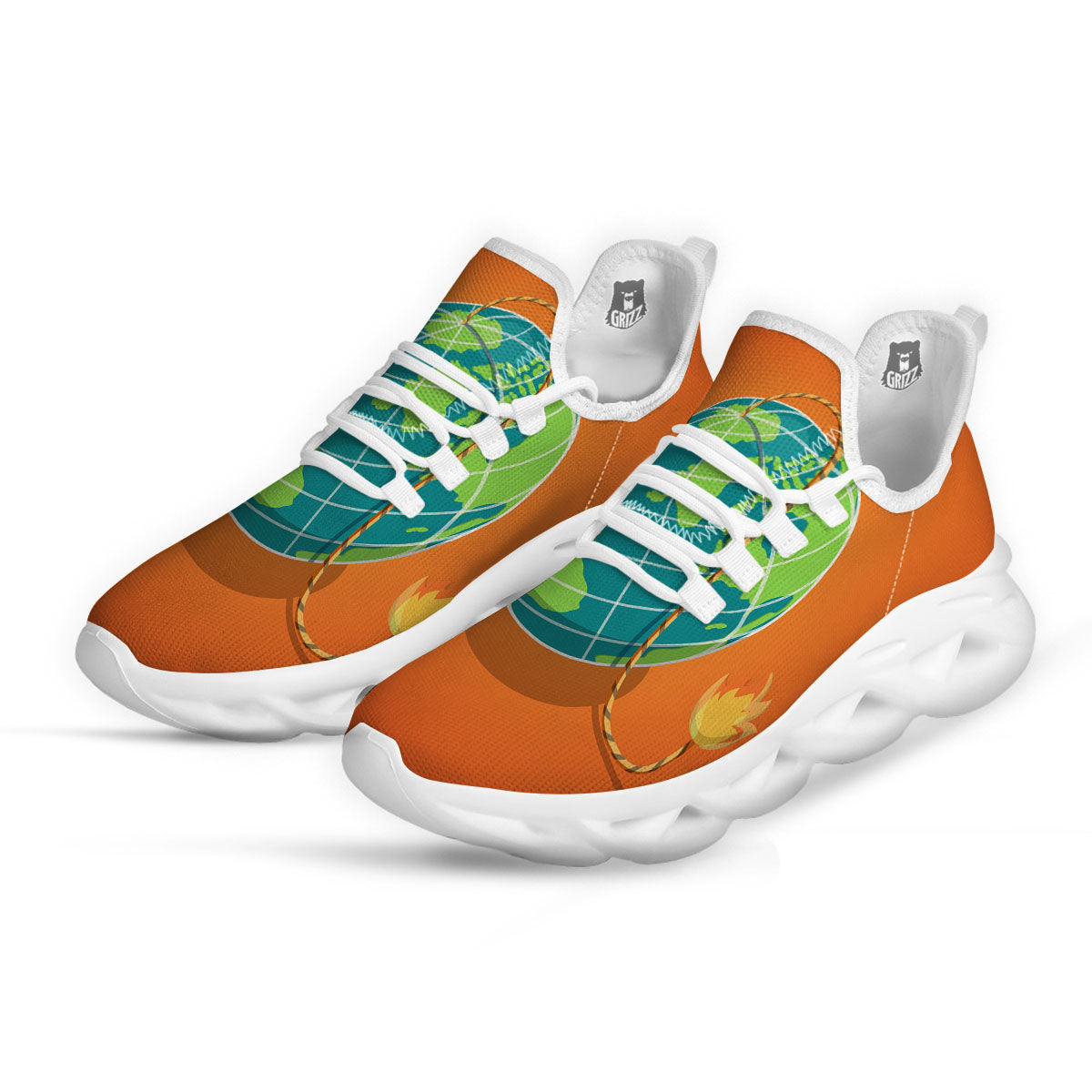 Planet Earth With Burning Fuse Orange Print White Running Shoes-grizzshop