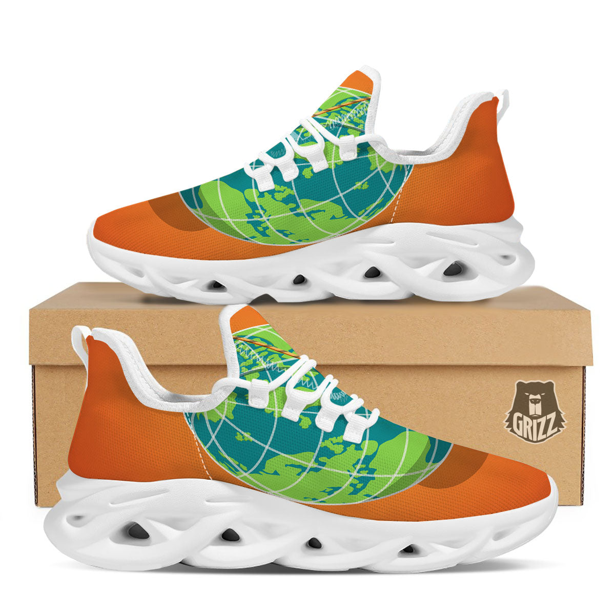 Planet Earth With Burning Fuse Orange Print White Running Shoes-grizzshop