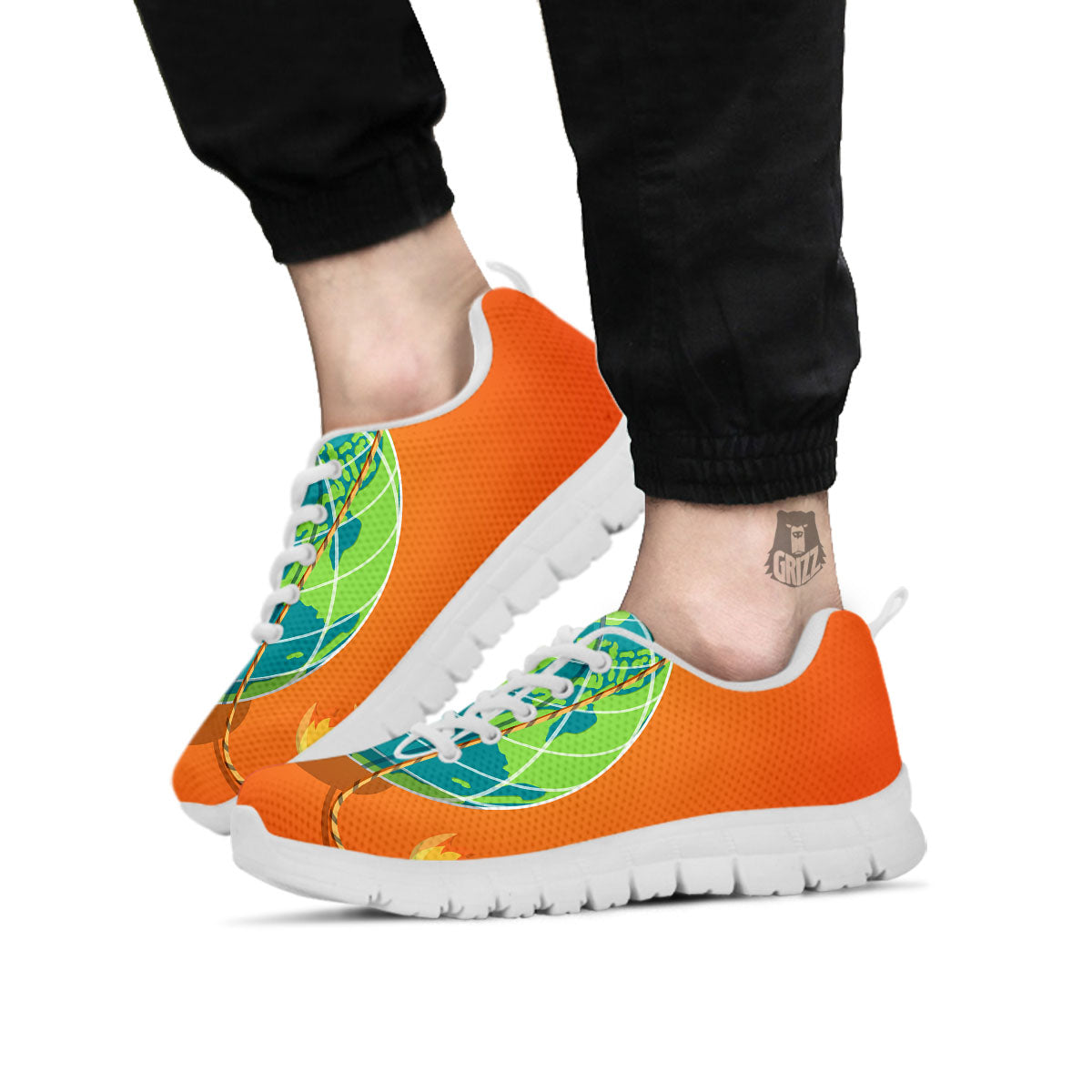 Planet Earth With Burning Fuse Orange Print White Sneaker-grizzshop