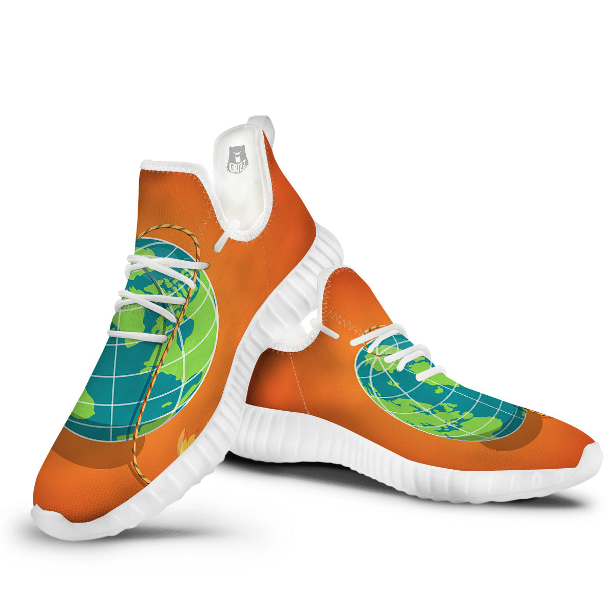 Planet Earth With Burning Fuse Orange Print White Walking Shoes-grizzshop