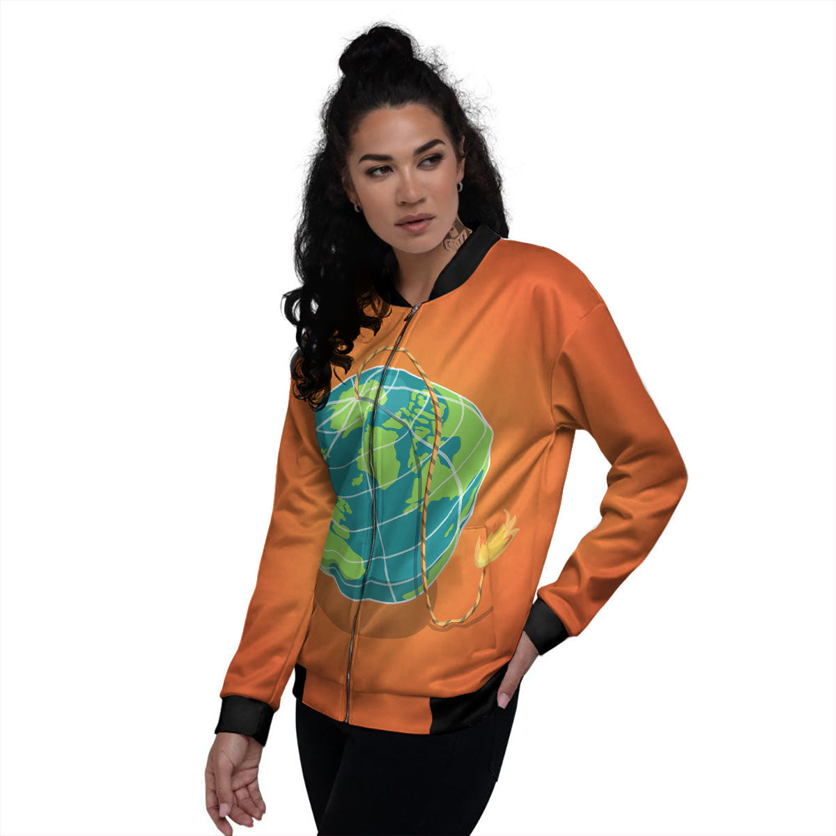 Planet Earth With Burning Fuse Orange Print Women's Bomber Jacket-grizzshop